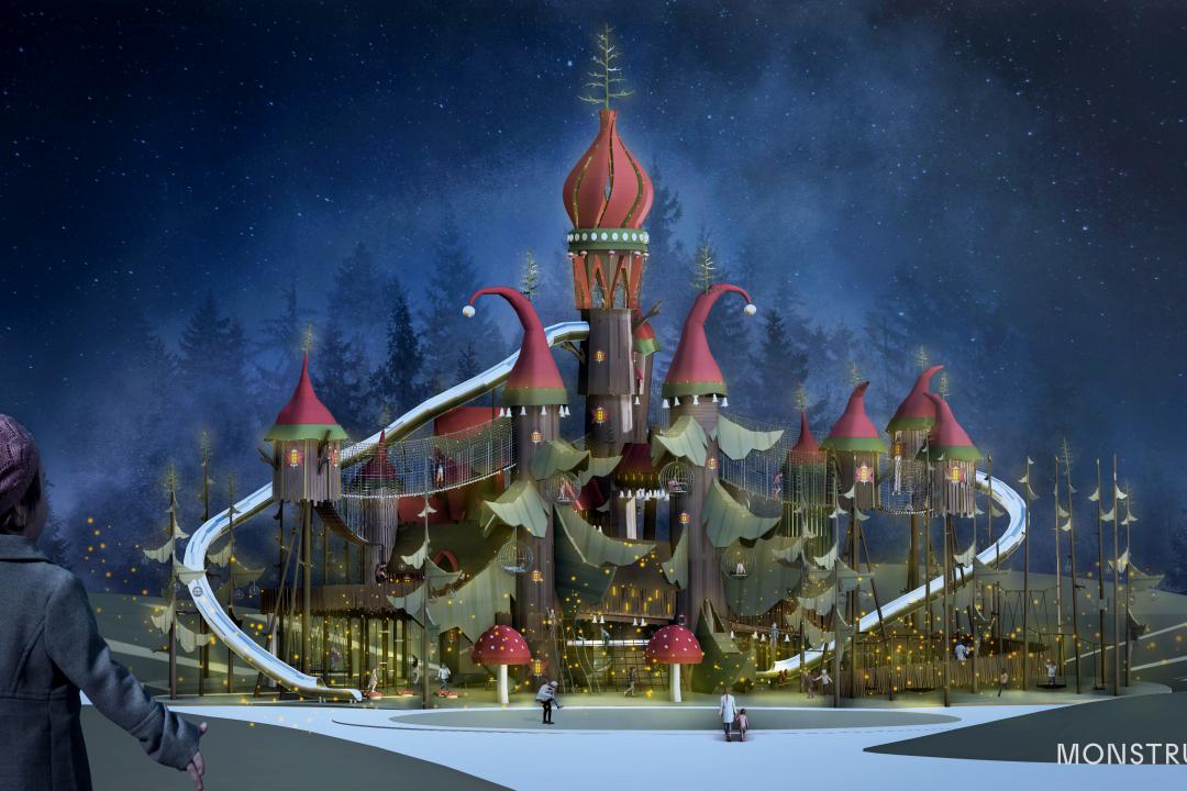 A visualisation of the gigantic play village Lilidorei with many towers and bridges and elf-like hats as roofs