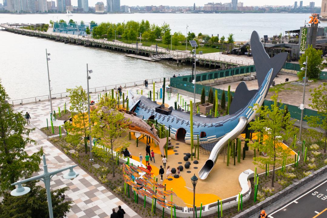 Giant wooden sturgeon playground at Pier 26, New York