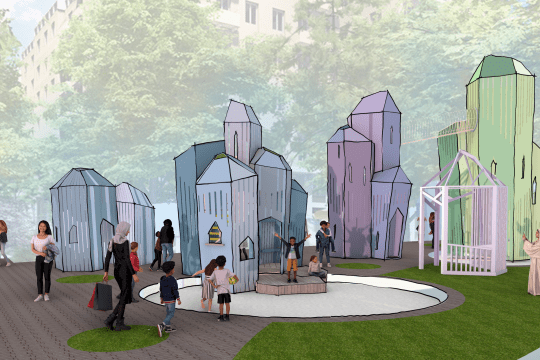 Rendered visualisation of the crystal towers playground