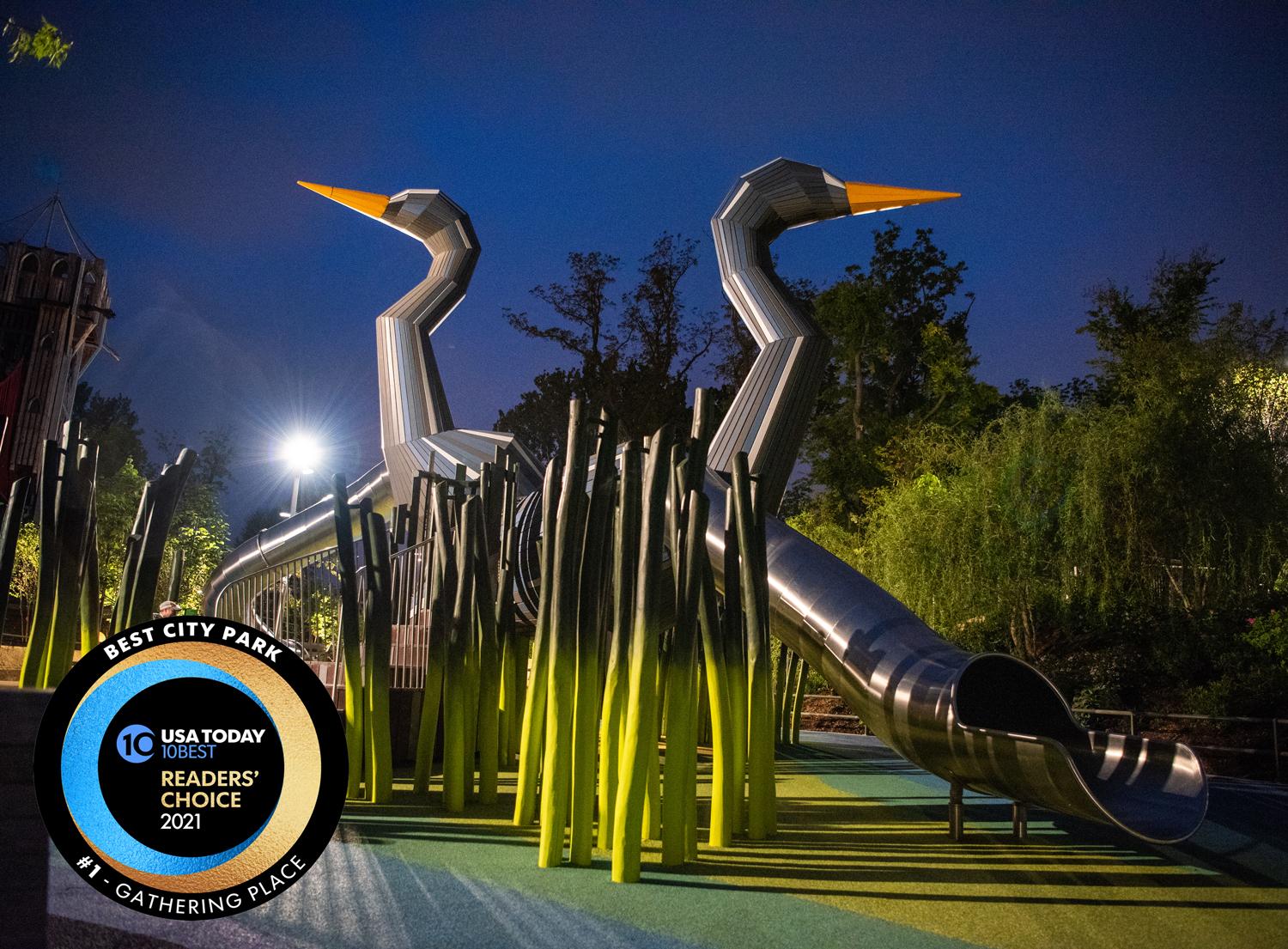 Giant herons at playground Gathering Place MONSTRUM playground