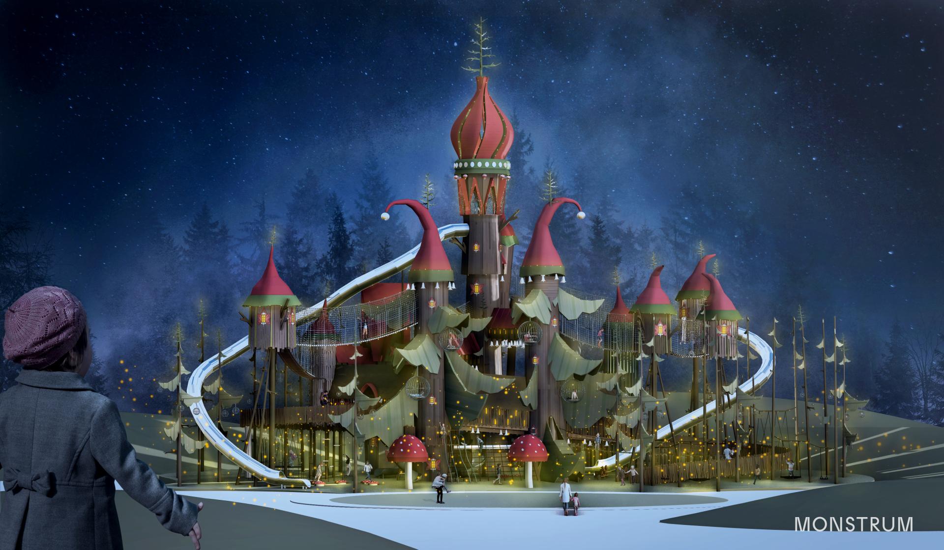 A visualisation of the gigantic play village Lilidorei with many towers and bridges and elf-like hats as roofs