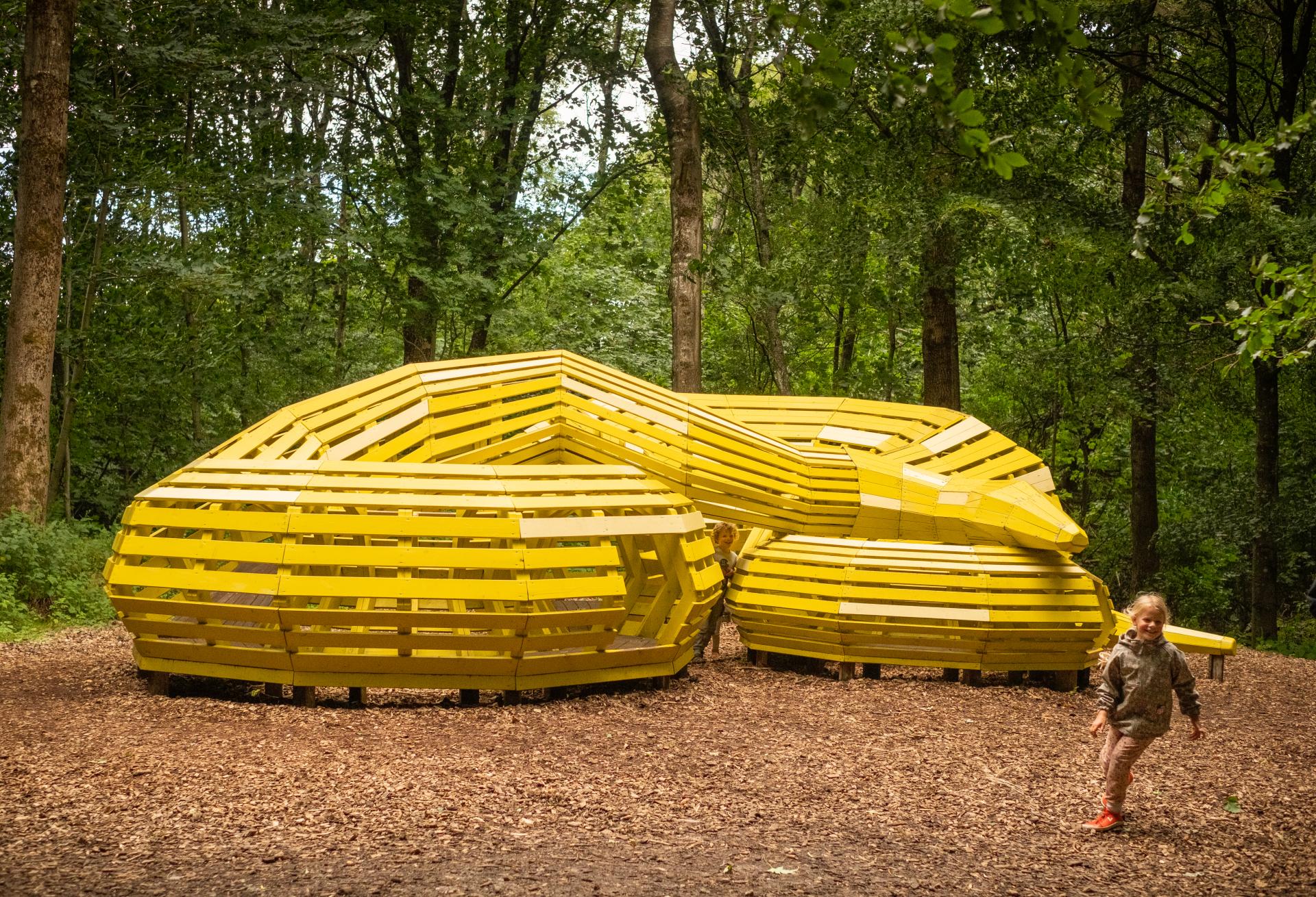 Kids playing at snake playground in the forest