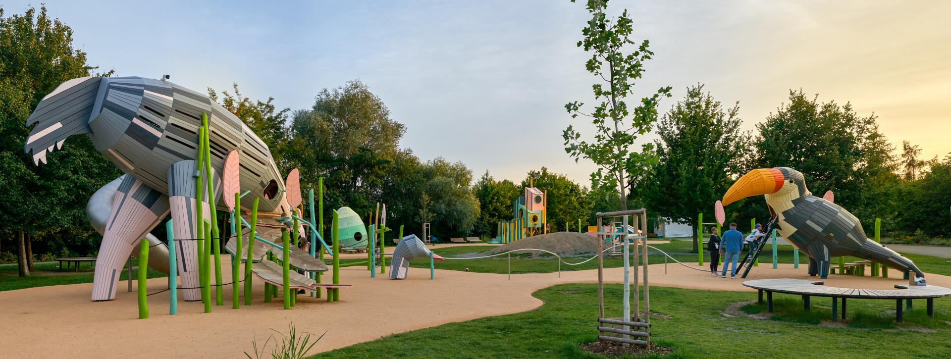 Wide shot of Bird Haven playground in Prague