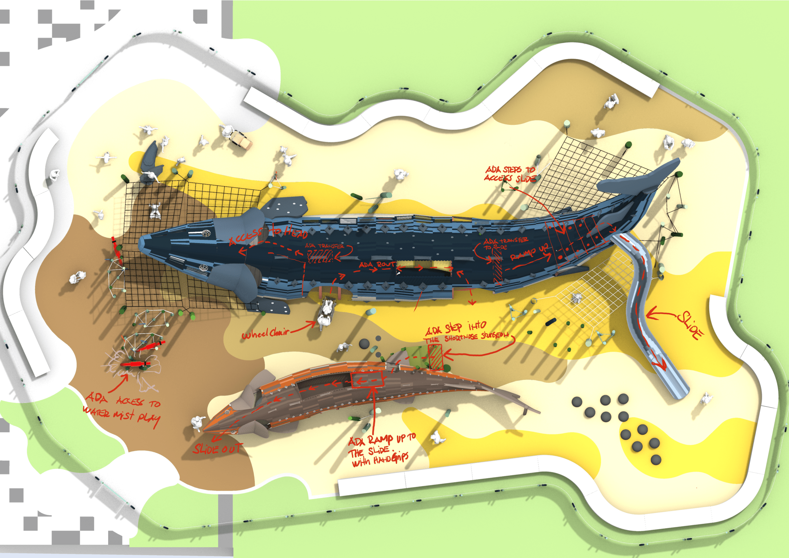 Rendered visual demonstrating accessible features at sturgeon playground