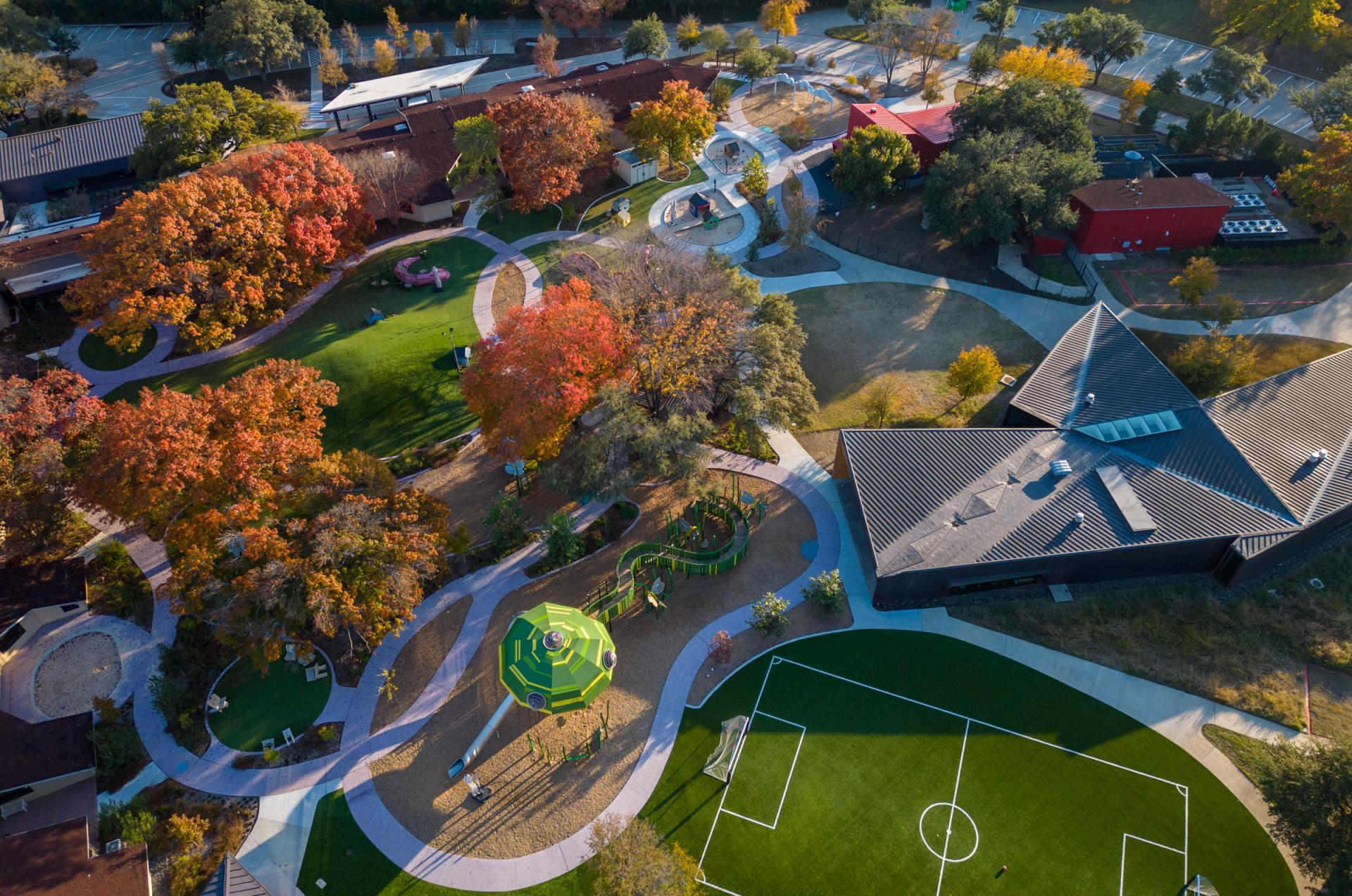 Aerial view of the Lamplighter School playground with MONSTRUM play structures