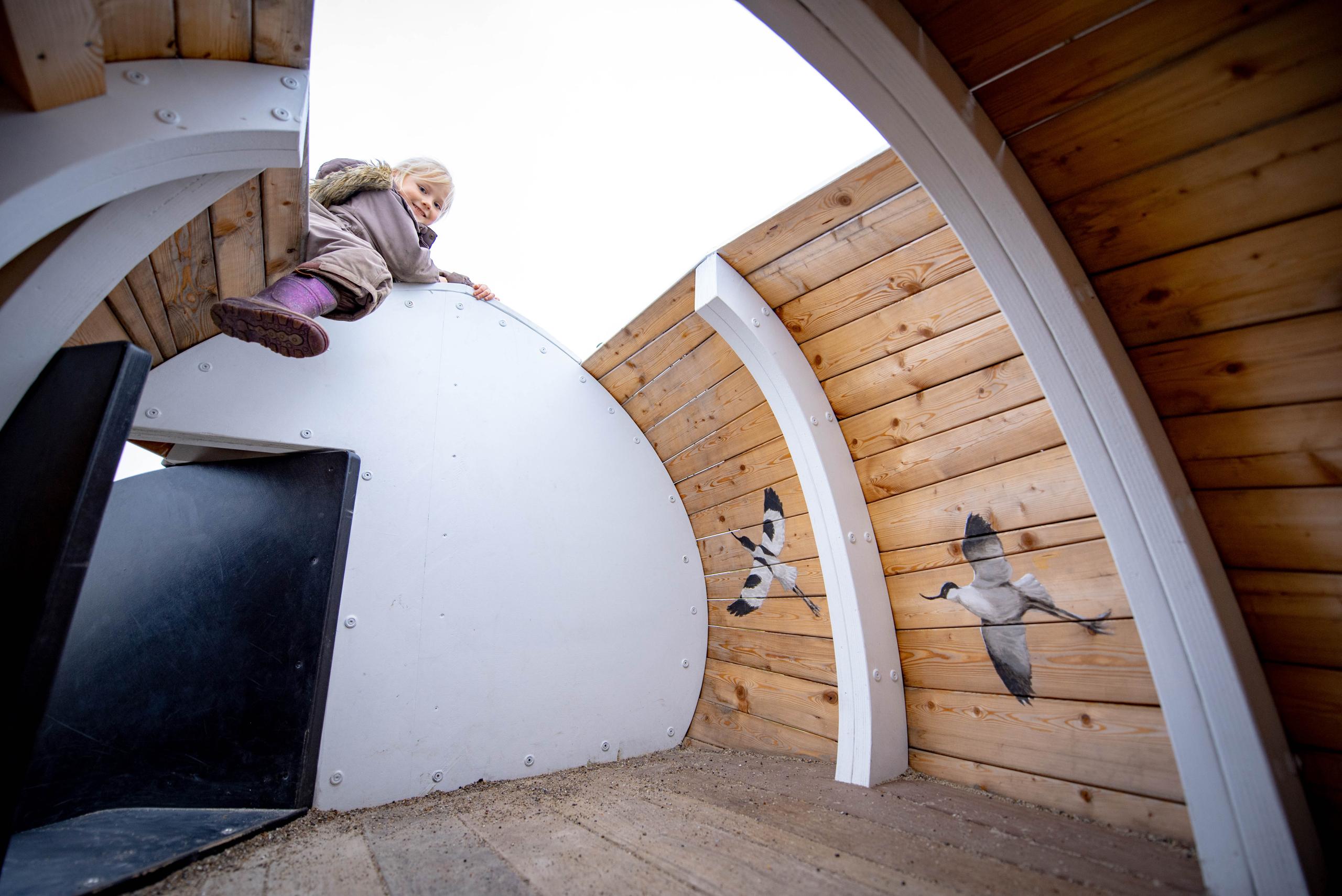 Girl climbing into play structure with detailed paintings of birds on the inside