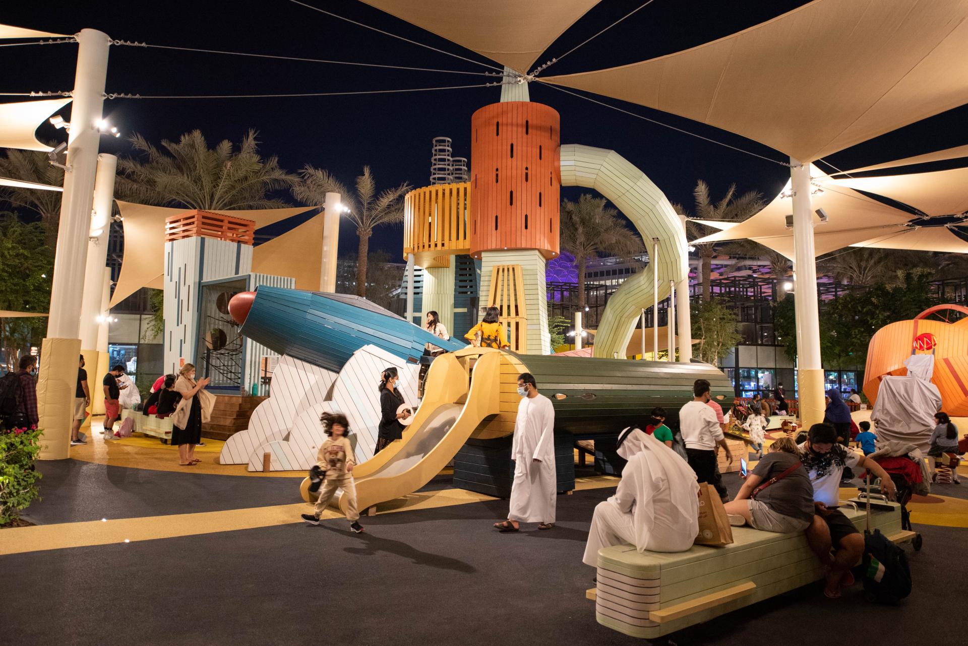 Kids playing at Future City playground, Expo 2020 MONSTRUM playgrounds