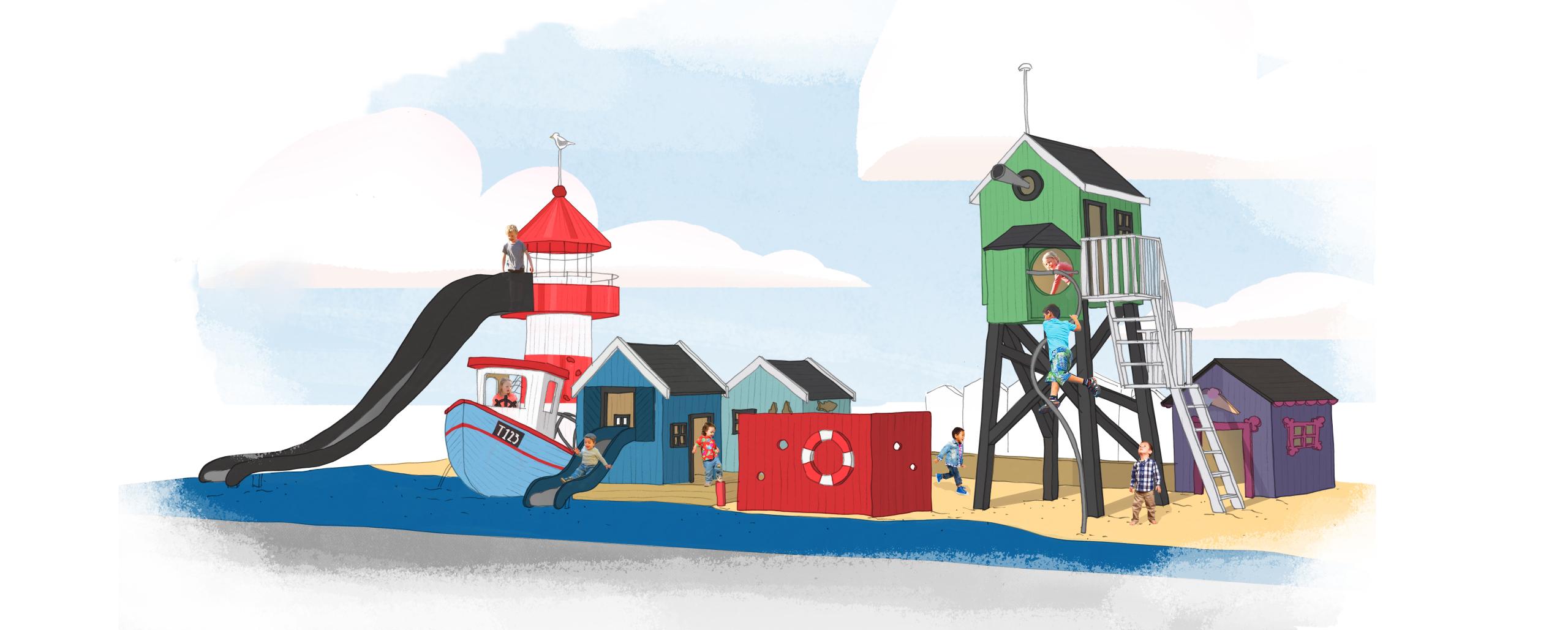 Sketch of The playground taarbaek school the fishing village and the eidel duck ships and watchtower legeplads