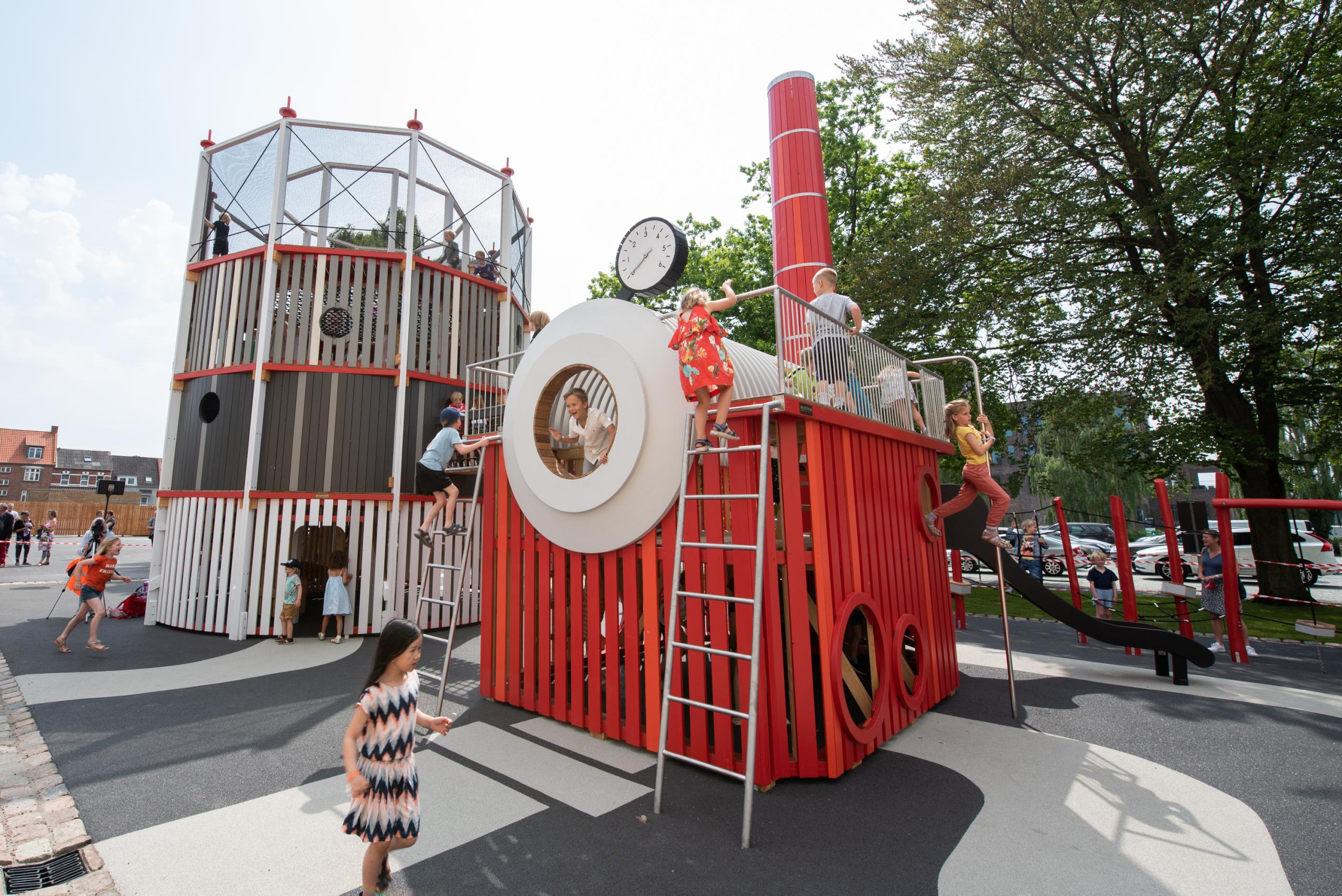 Steam engine play feature at playground