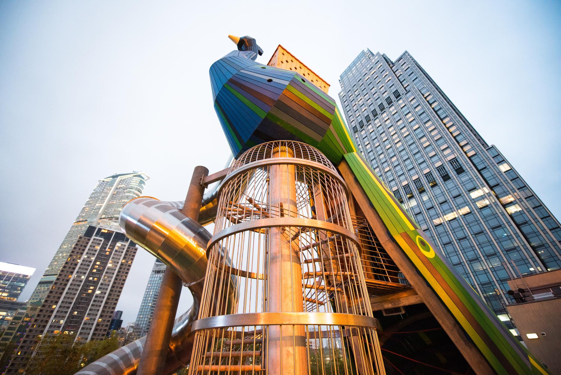 Steel structure of the MONSTRUM playground The Peacock in Hong Kong K11 Musea