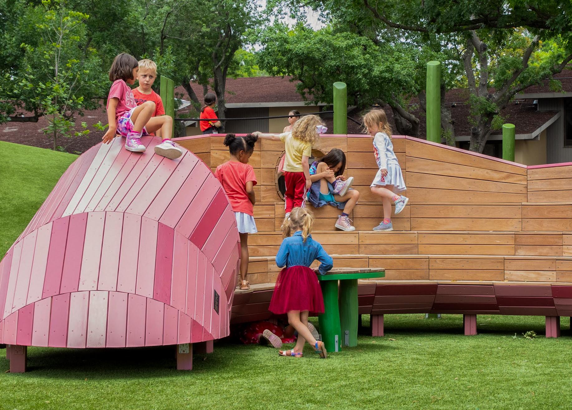 Wooden earthworm ampitheatre playground structure with kids playing on it