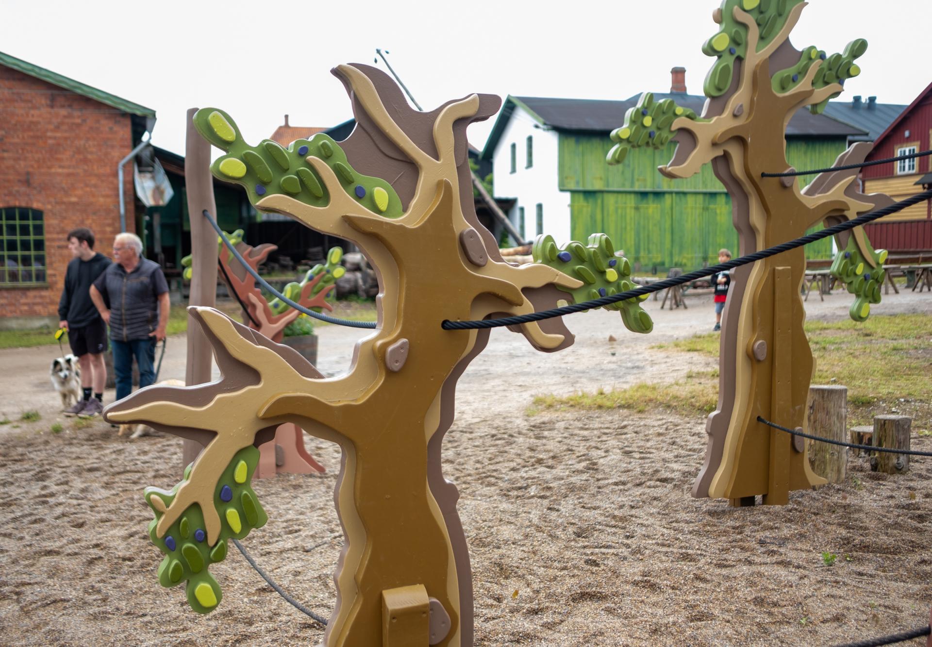 Close-up shot of wooden tree playground structures