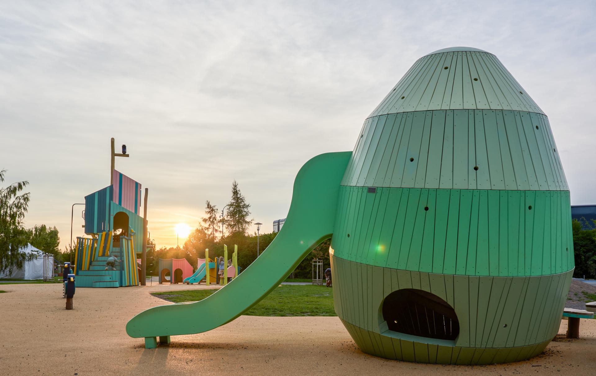 Egg play feature at sunset at playground