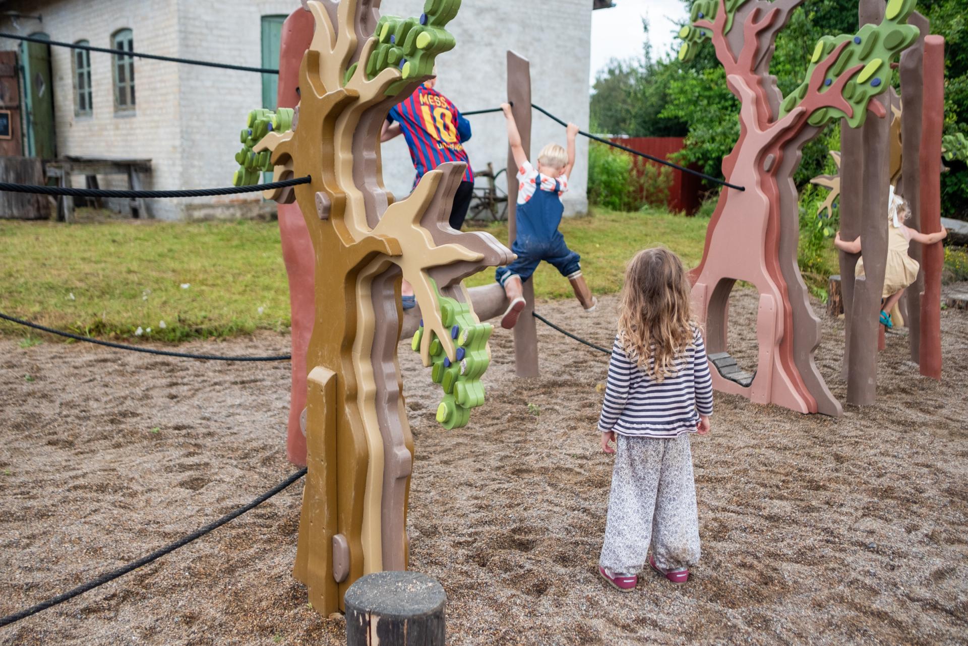 Kids playing on forest-themed climbing course