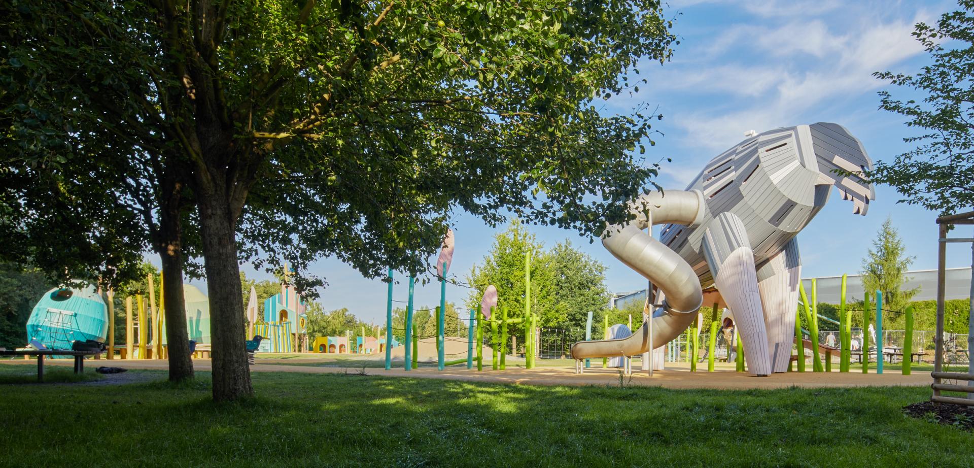 Kids playing on the huge ostrich at MONSTRUM playground