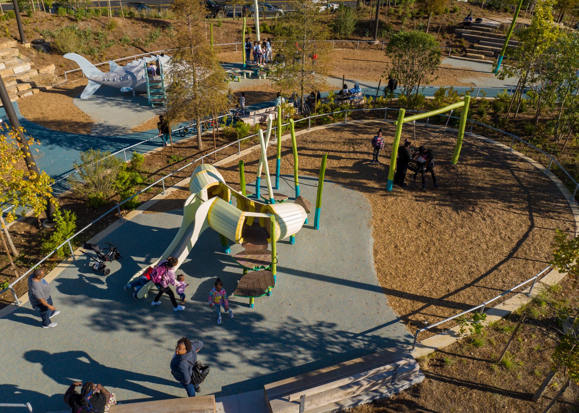 Aerial view of caterpillar and fish play structures