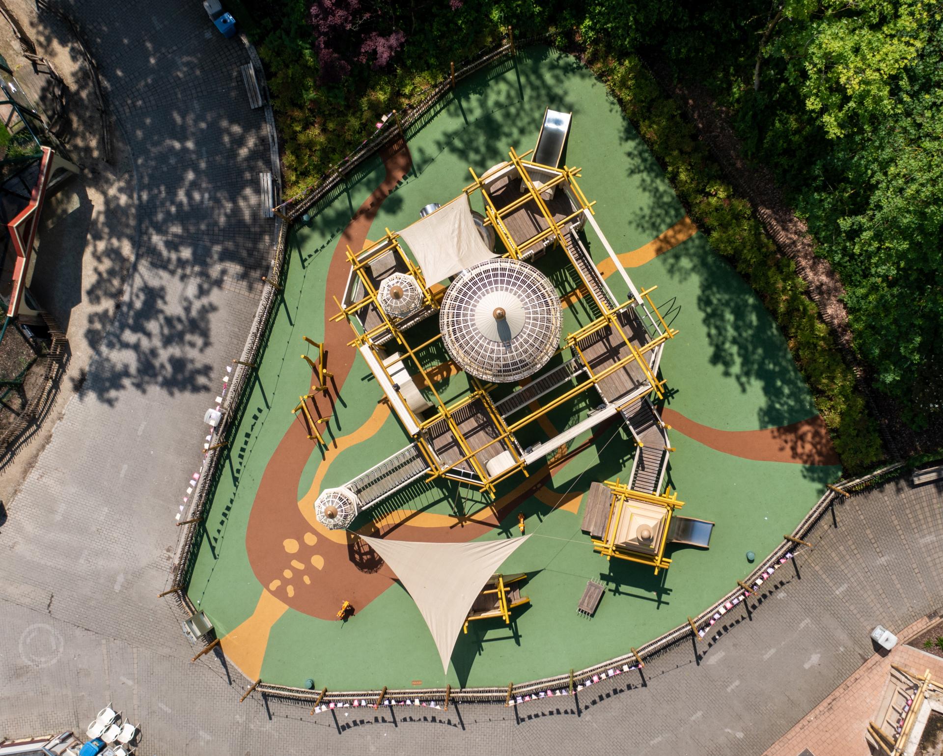 Birds eye view of temple-themed playground