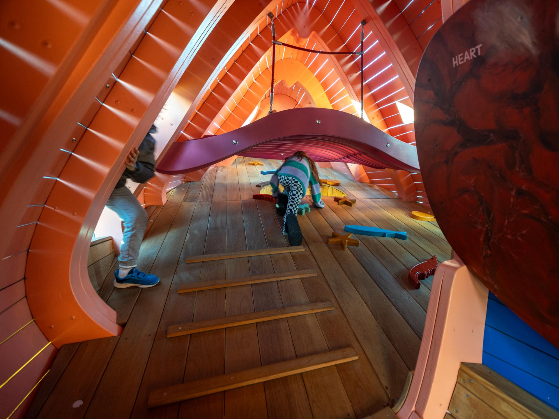 Girl climbing up accessible ramp in huge wooden playground sturgeon