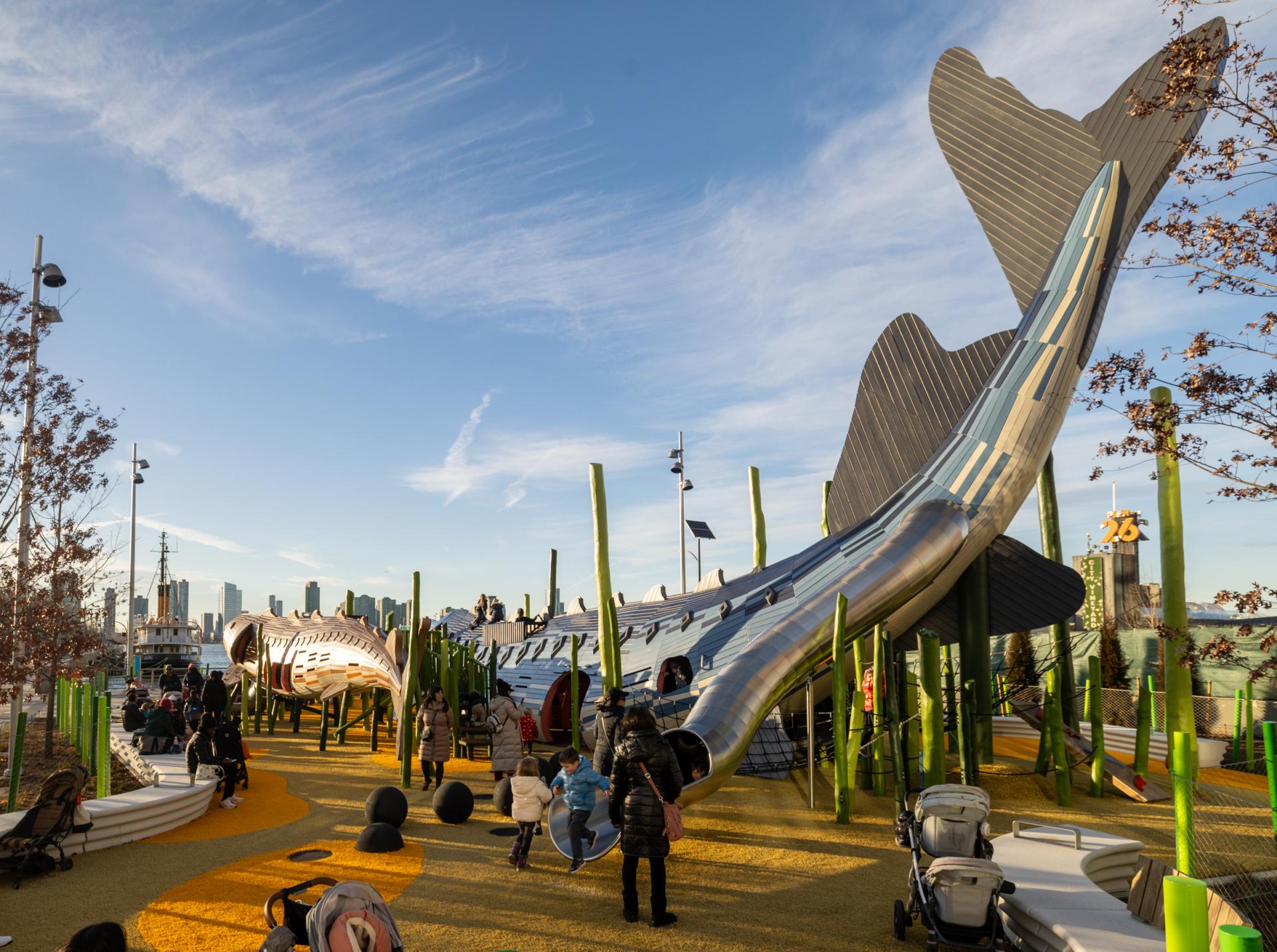 Huge wooden sturgeon playground structures at Pier 26, Hudson River Park