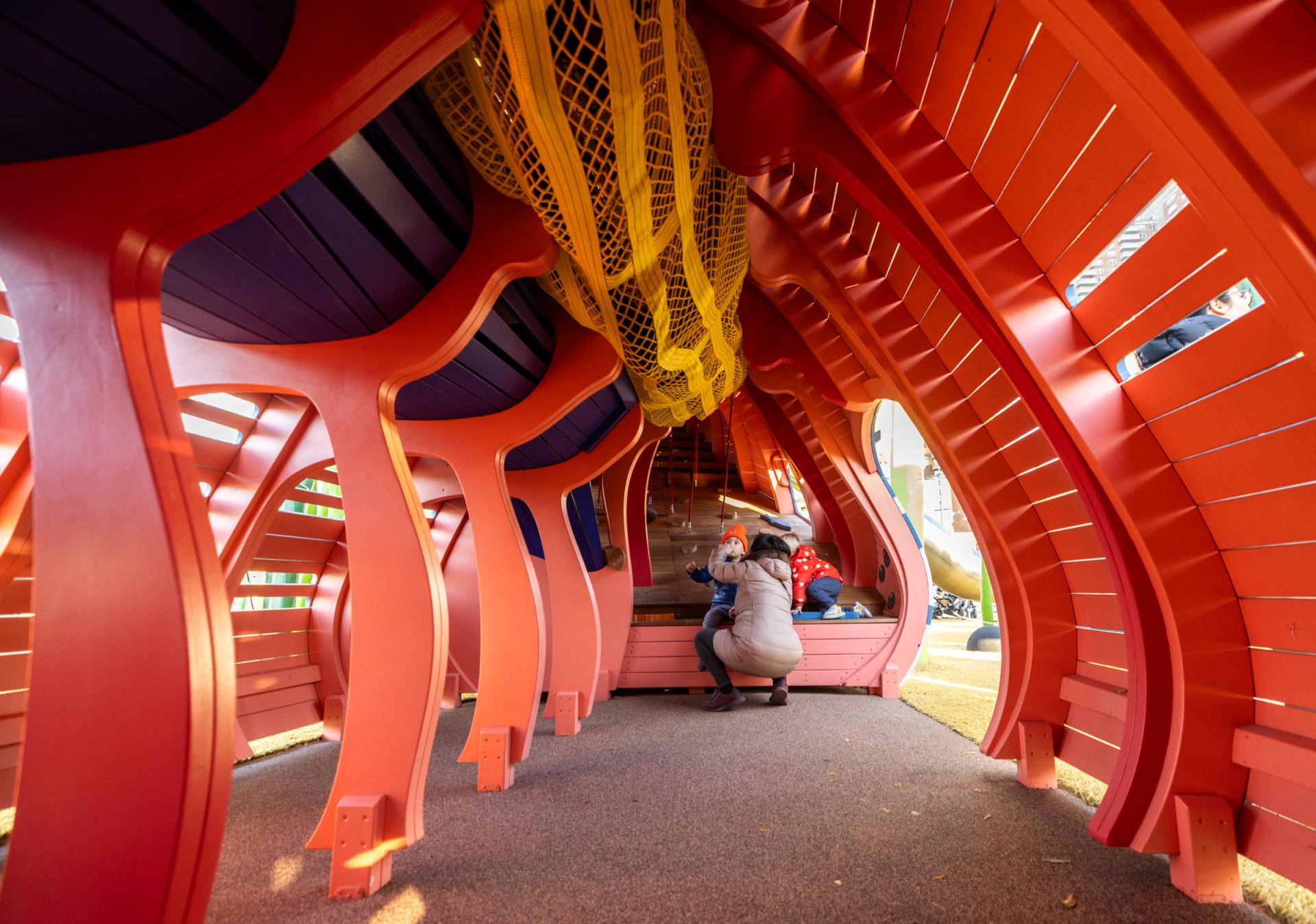 Inside details of huge wooden playground sturgeon