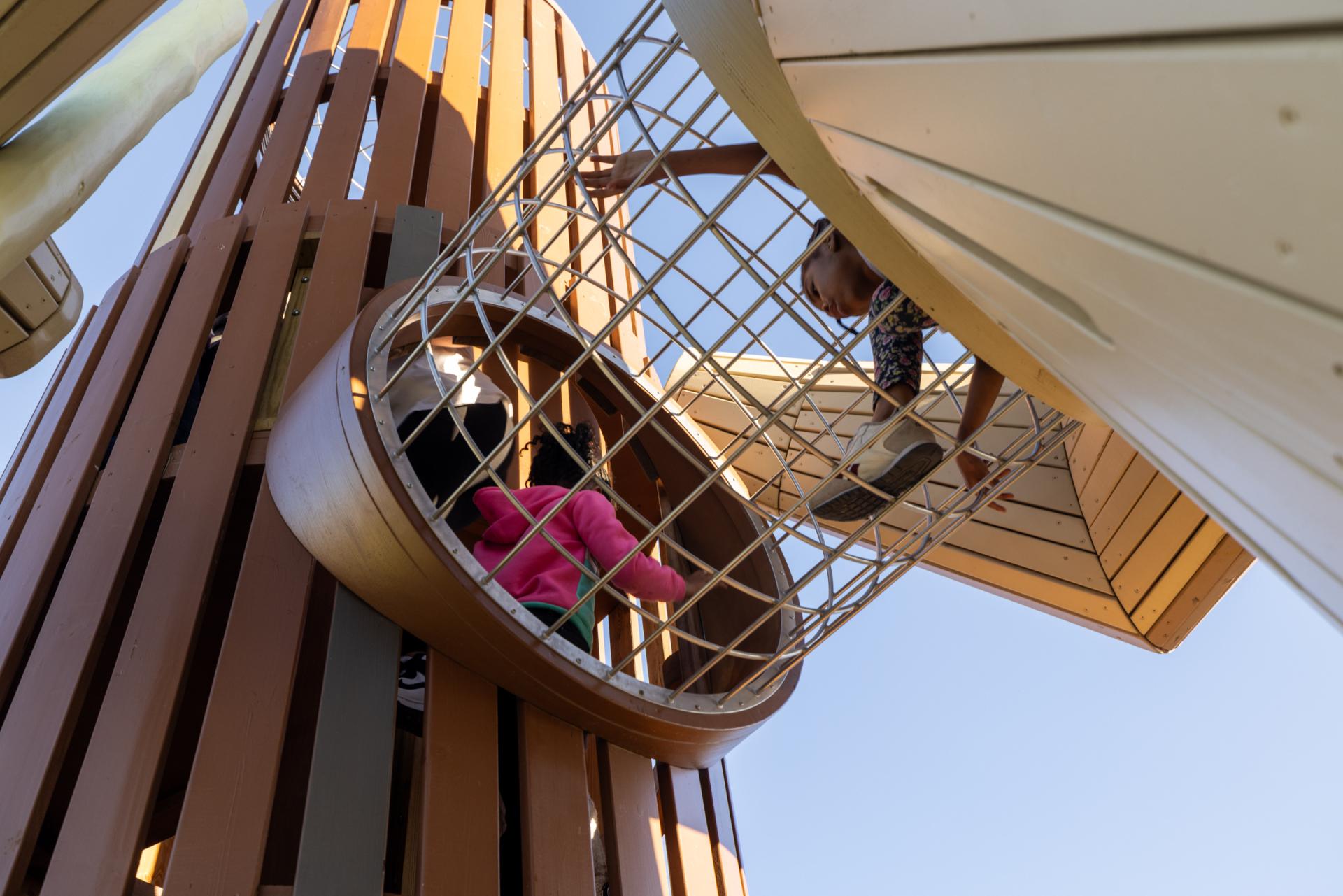 Kids climbing through steel mesh tunnel at playground