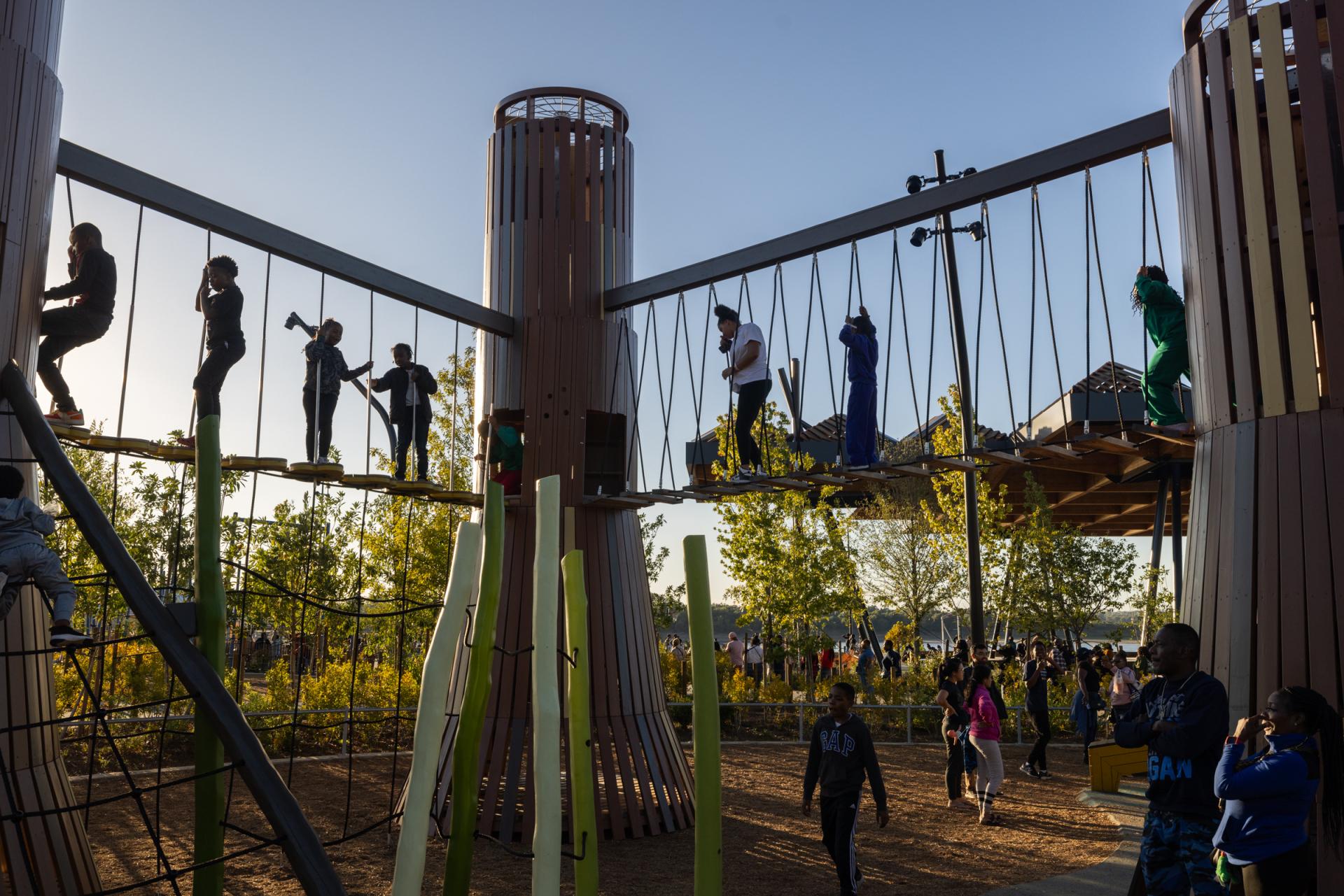 Kids walking across bridge between wooden tree playground elements