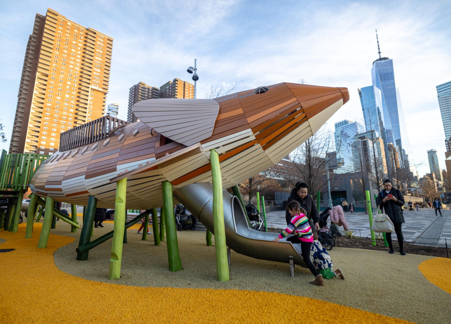 Large shortnose wooden sturgeon playground sculpture