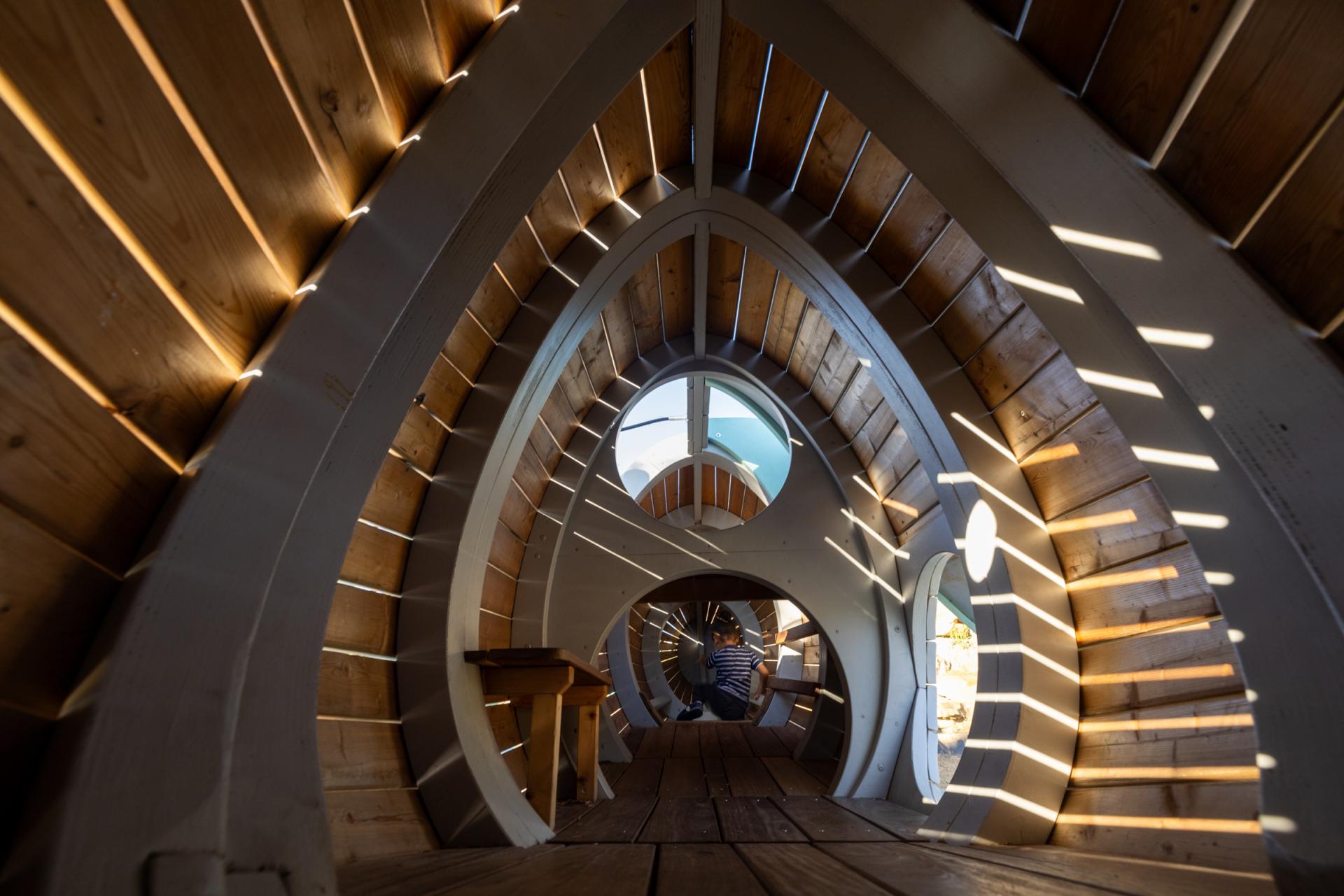 Light streaming into wooden fish playground structure