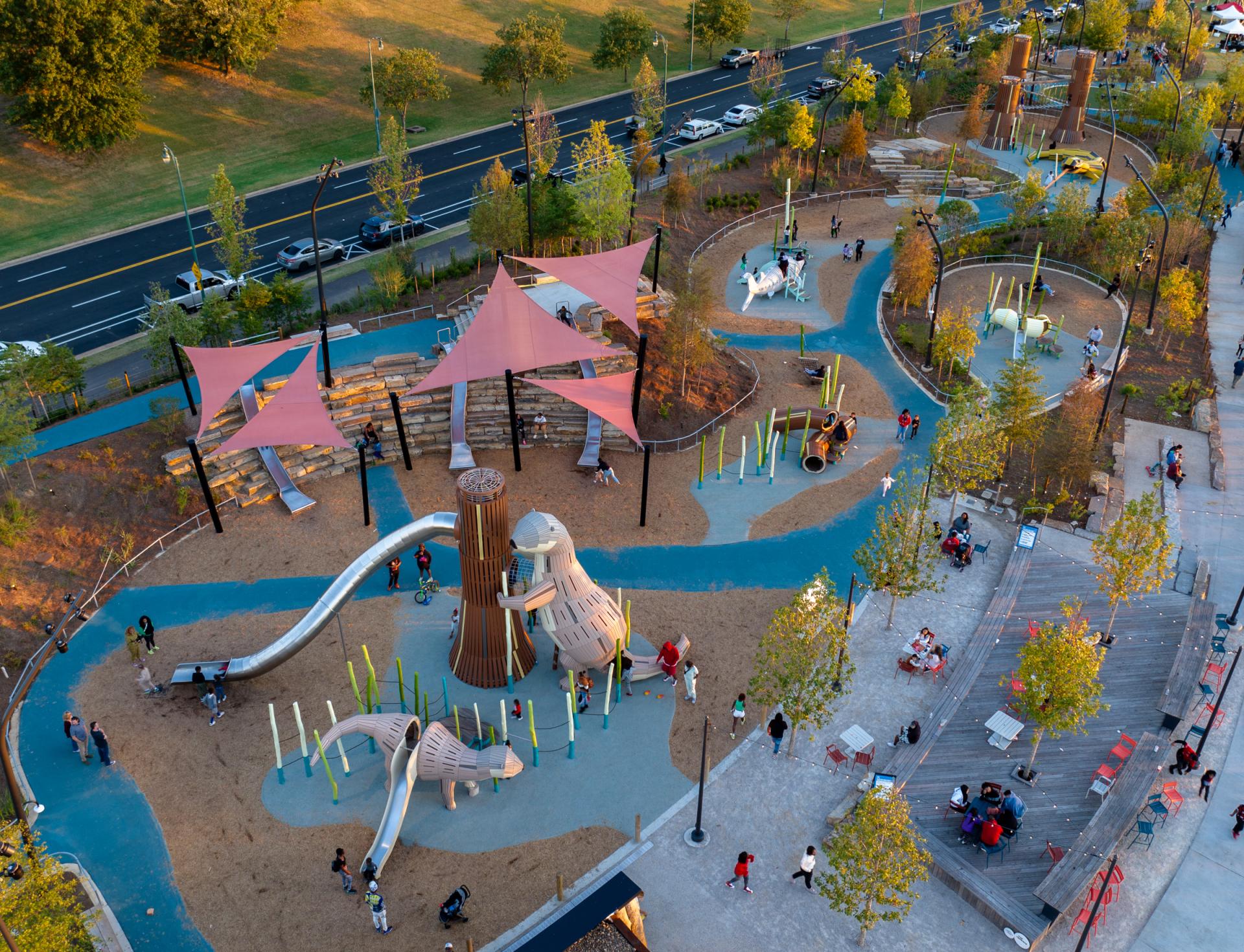 View from above of the huge wooden MONSTRUM playground at Tom Lee Park