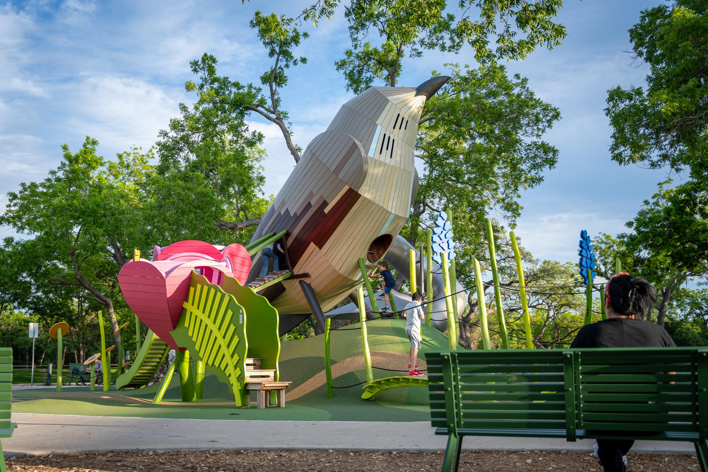 Huge wooden mockingbird playground structure