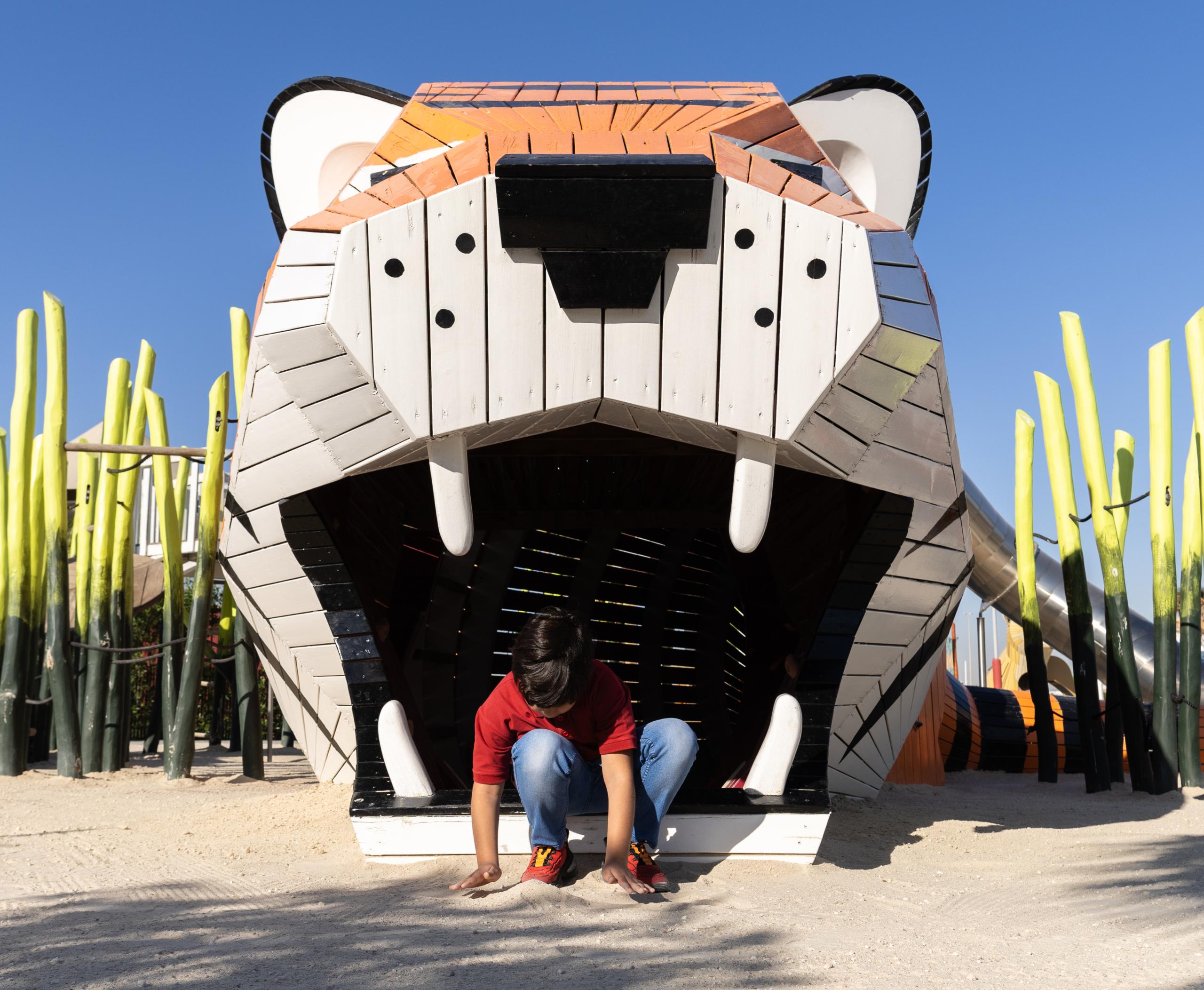Boy sitting in the mouth of a wooden playground structure