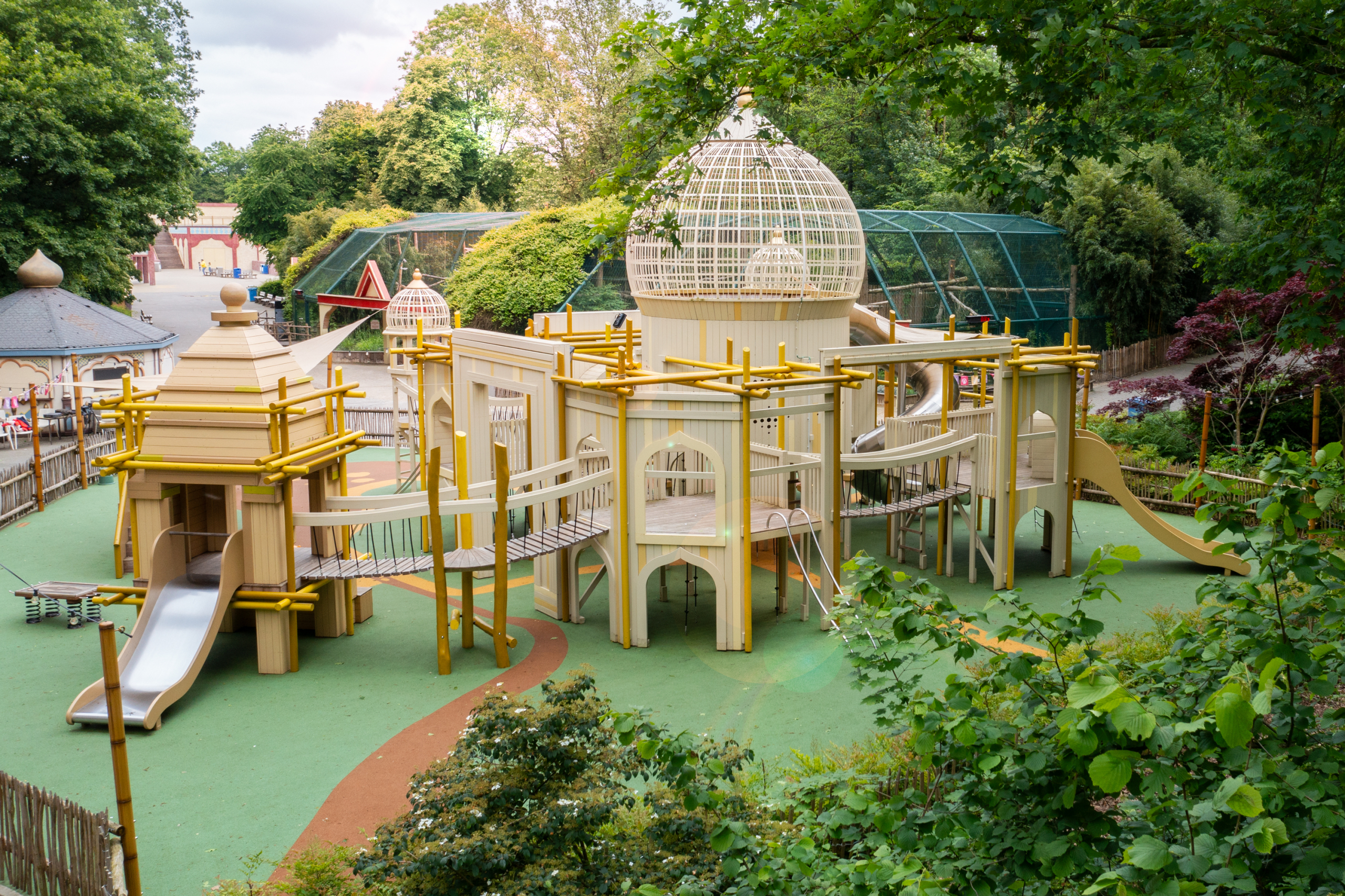 Wide shot of Hampi temple-themed playground