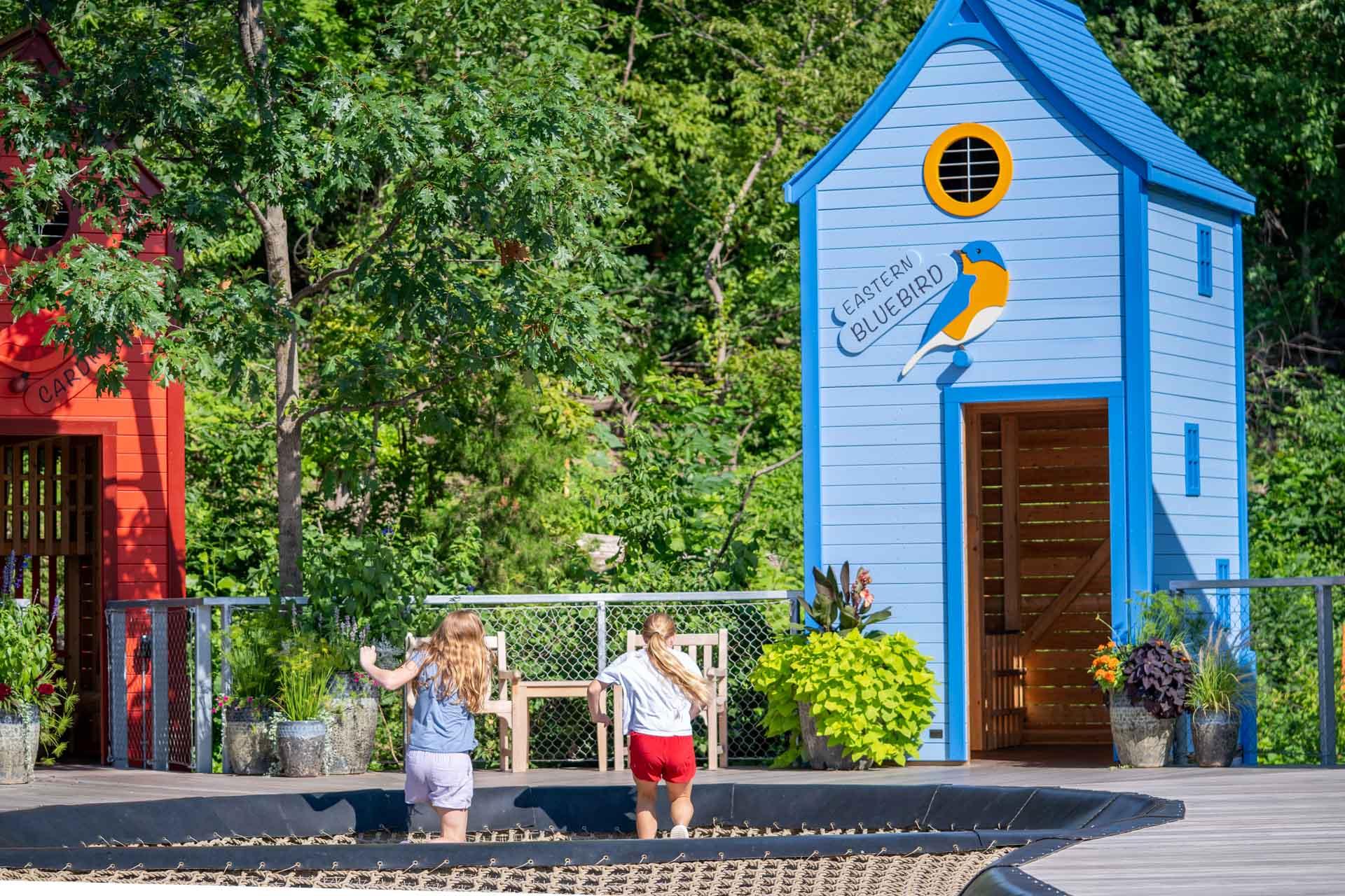 Children running over huge net to playground birdhouses