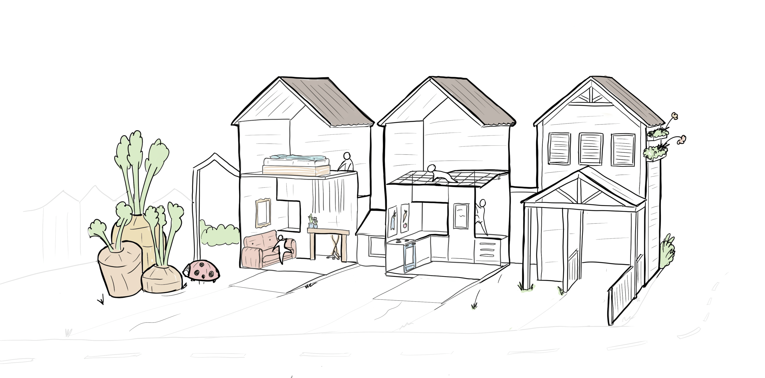 Sketch displaying tactile play features inside playground houses