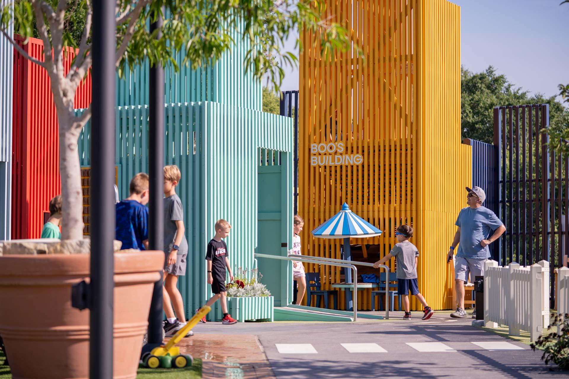 View to the Market town playground area with colourful towers