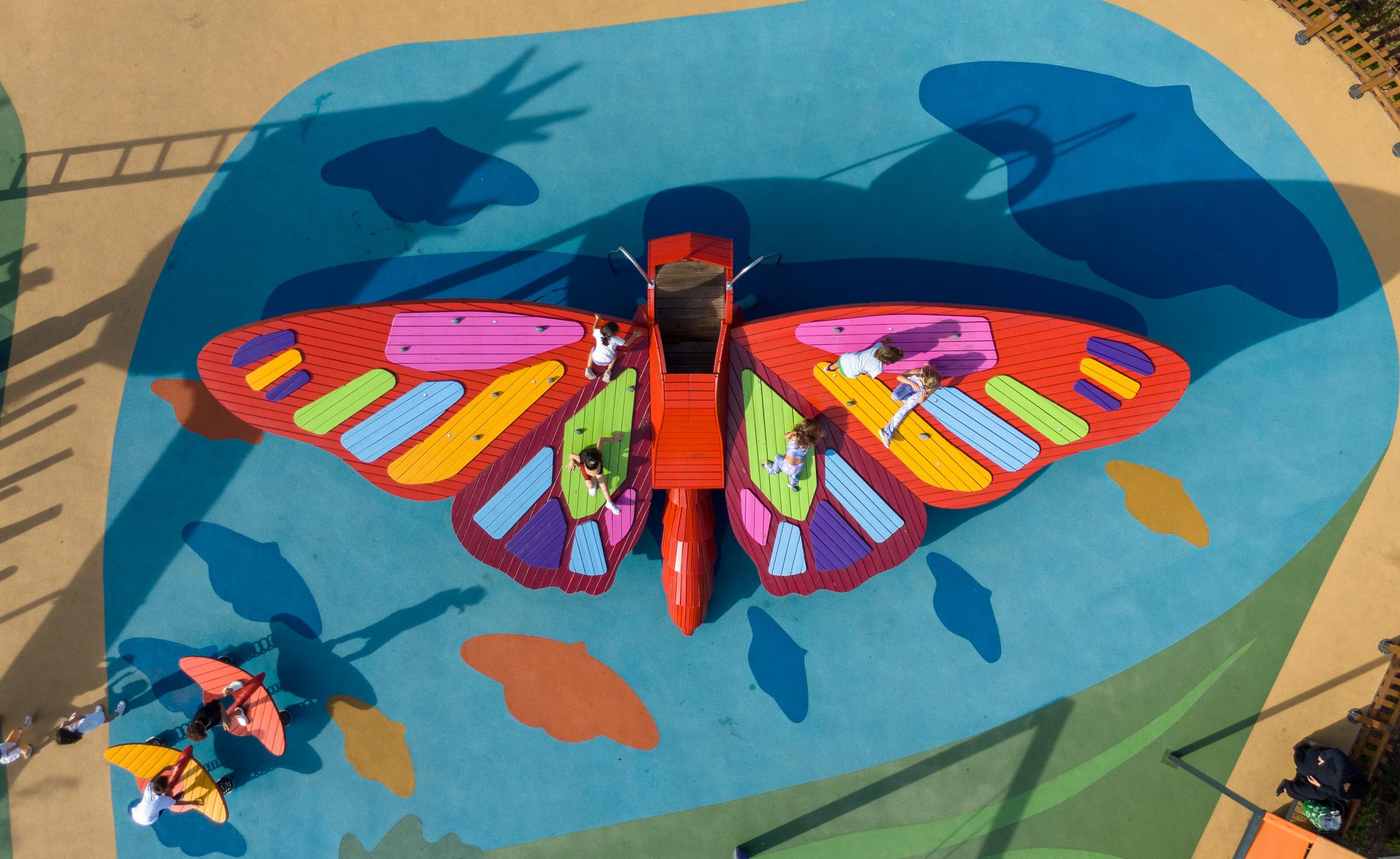 Aerial view directly above stunning butterfly play structure