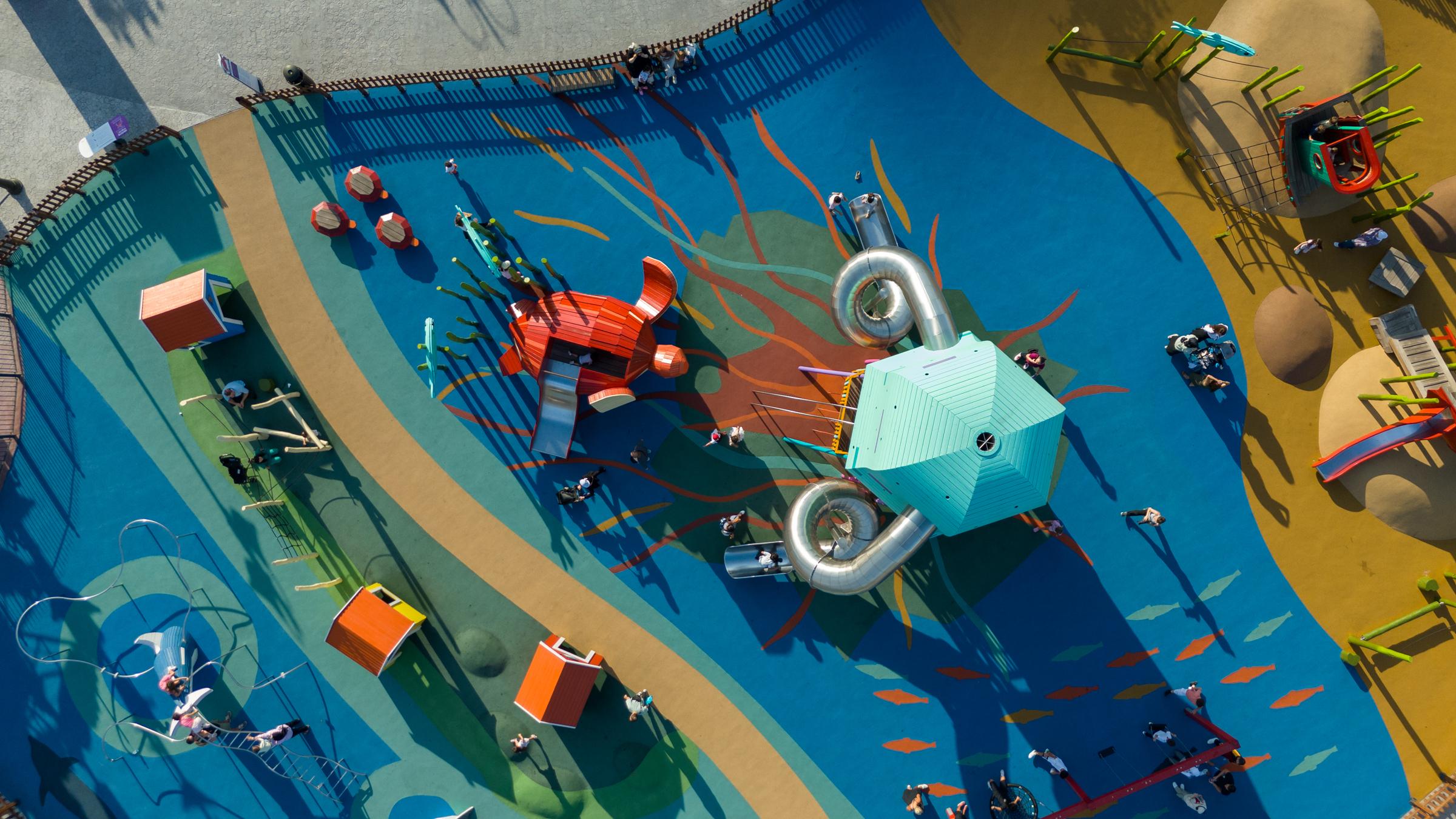 Drone view from above of artistic sea-themed playground
