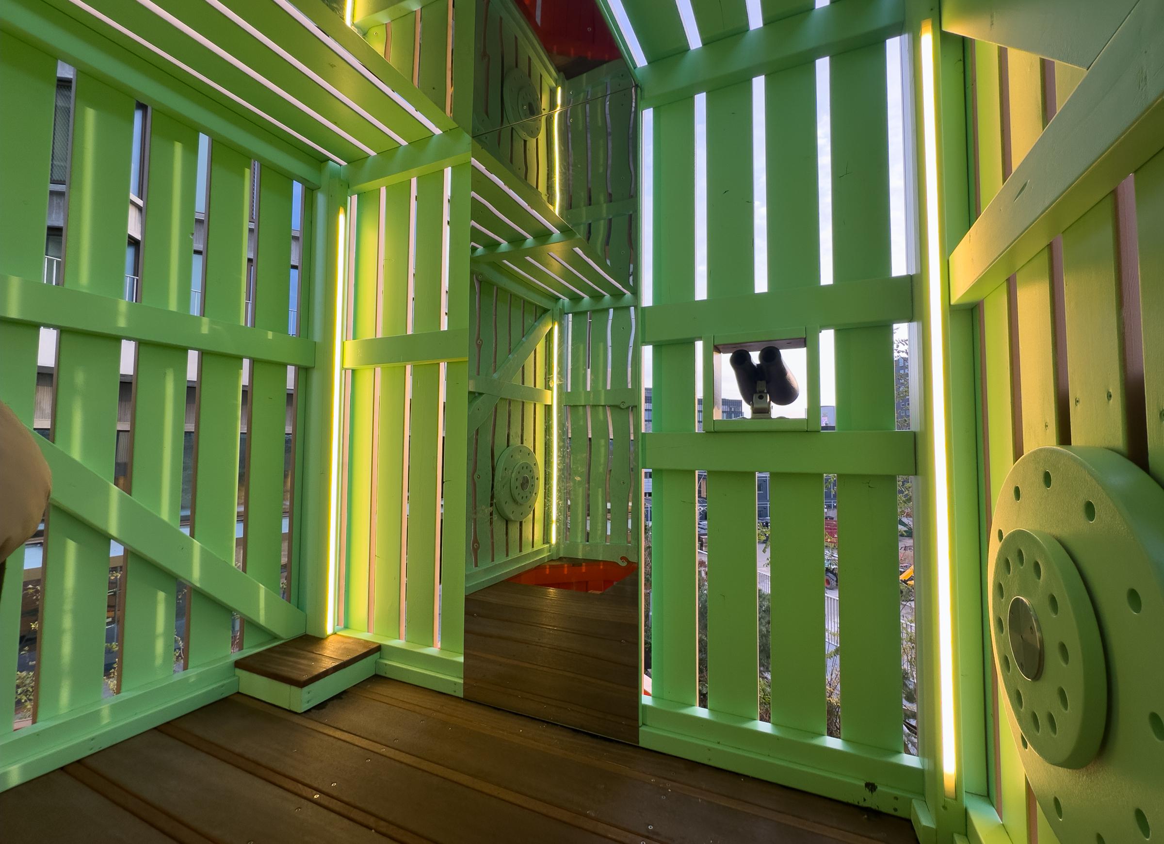 Inside details of creative wooden playground with interactive features
