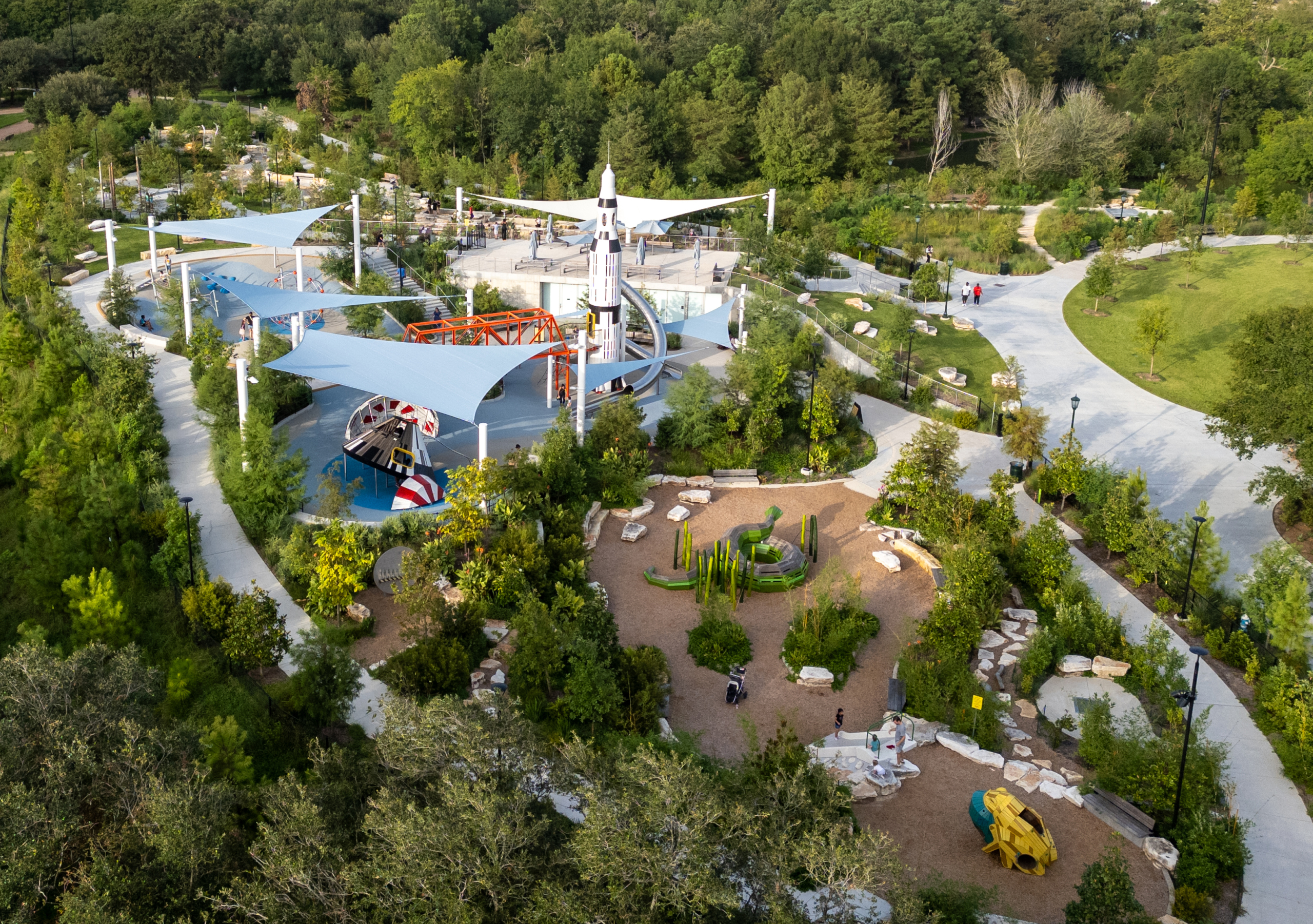 Drone shot from above of entire playground area at Hermann Park