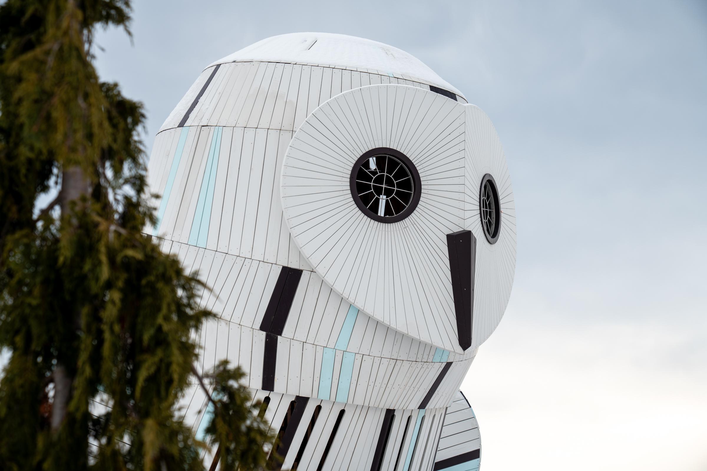 Close-up of snowy owl playground structure