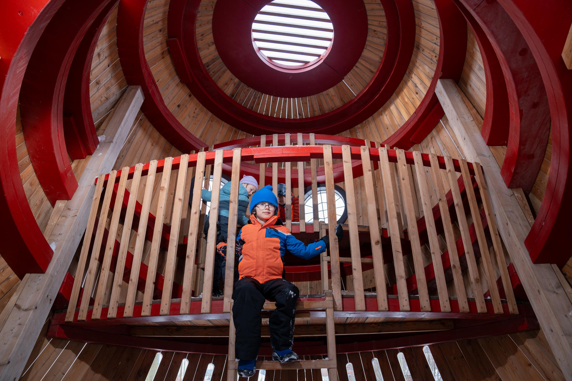 Kids climbing inside huge wooden owl playground
