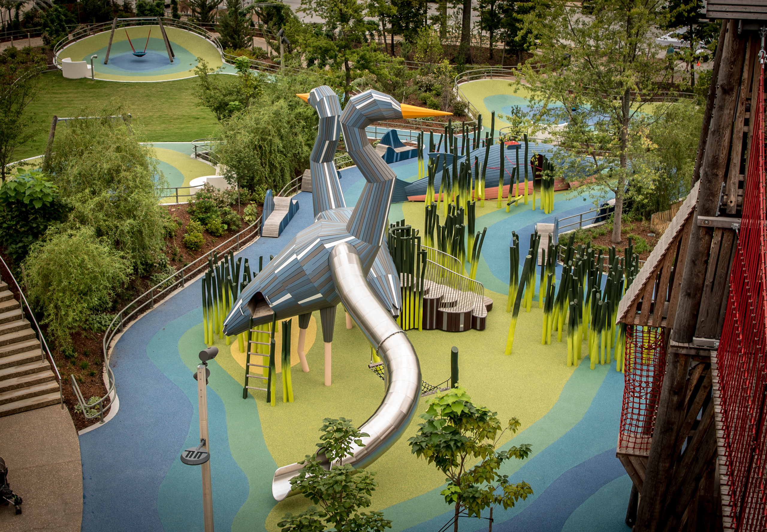 Huge wooden heron playground structures seen from above
