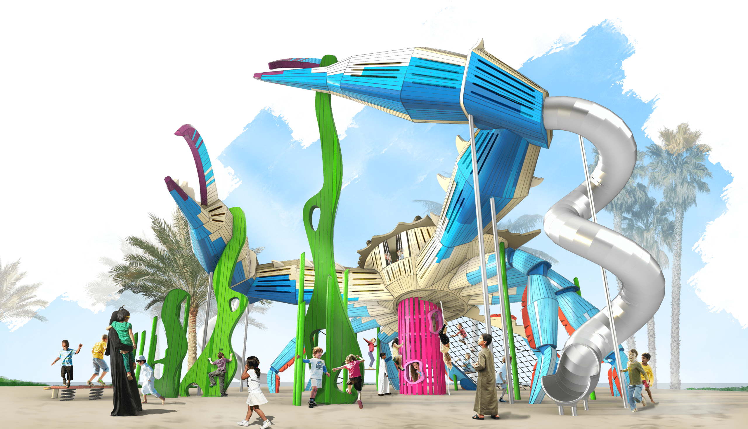 Thaleb and eagle playground features at Murouj Playground