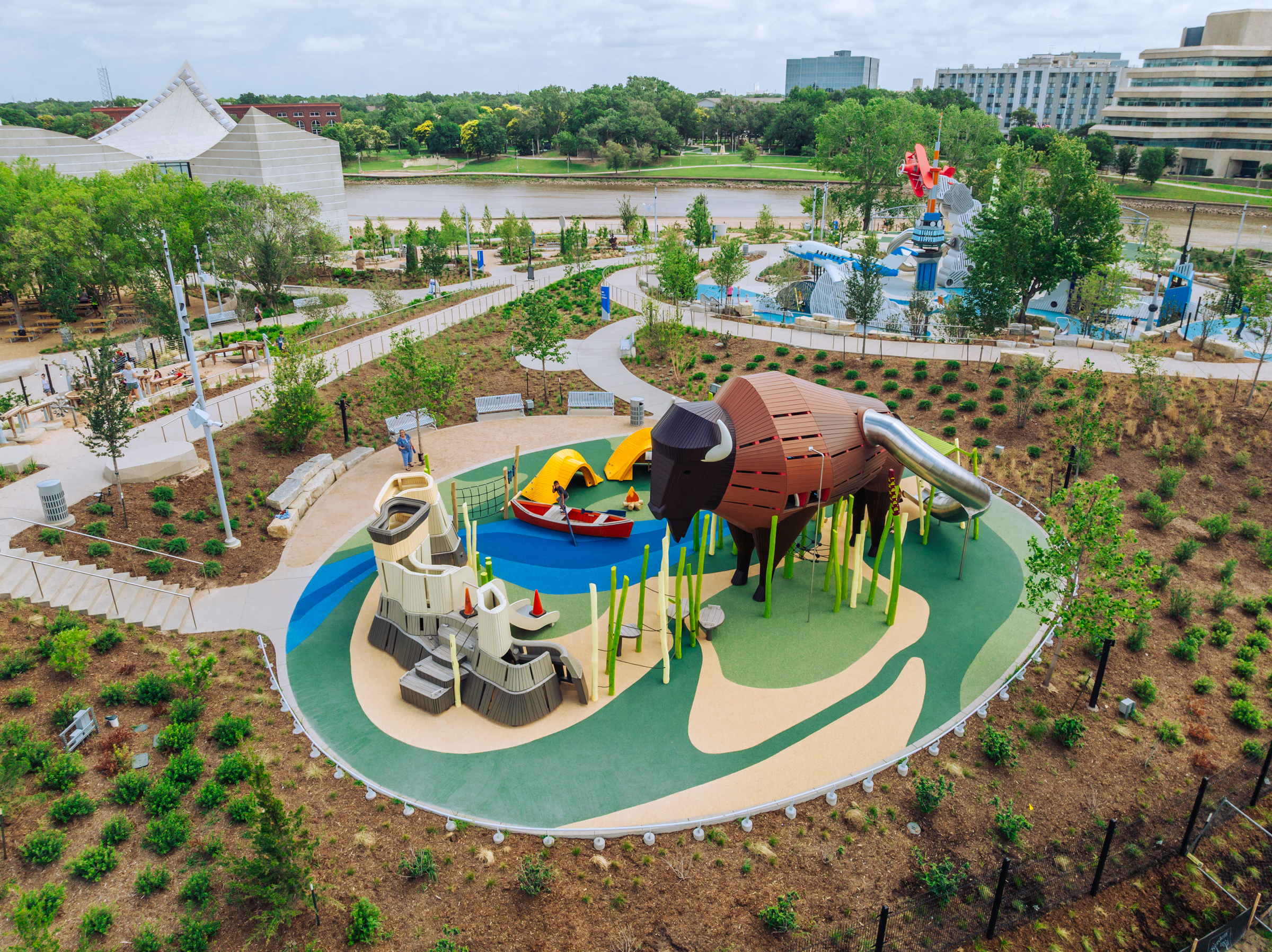 Bison-themed play area at large playground