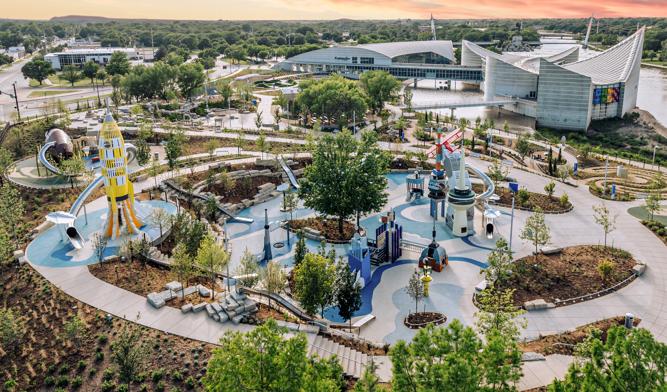 A drone shot overview of the whole Exploration Place area