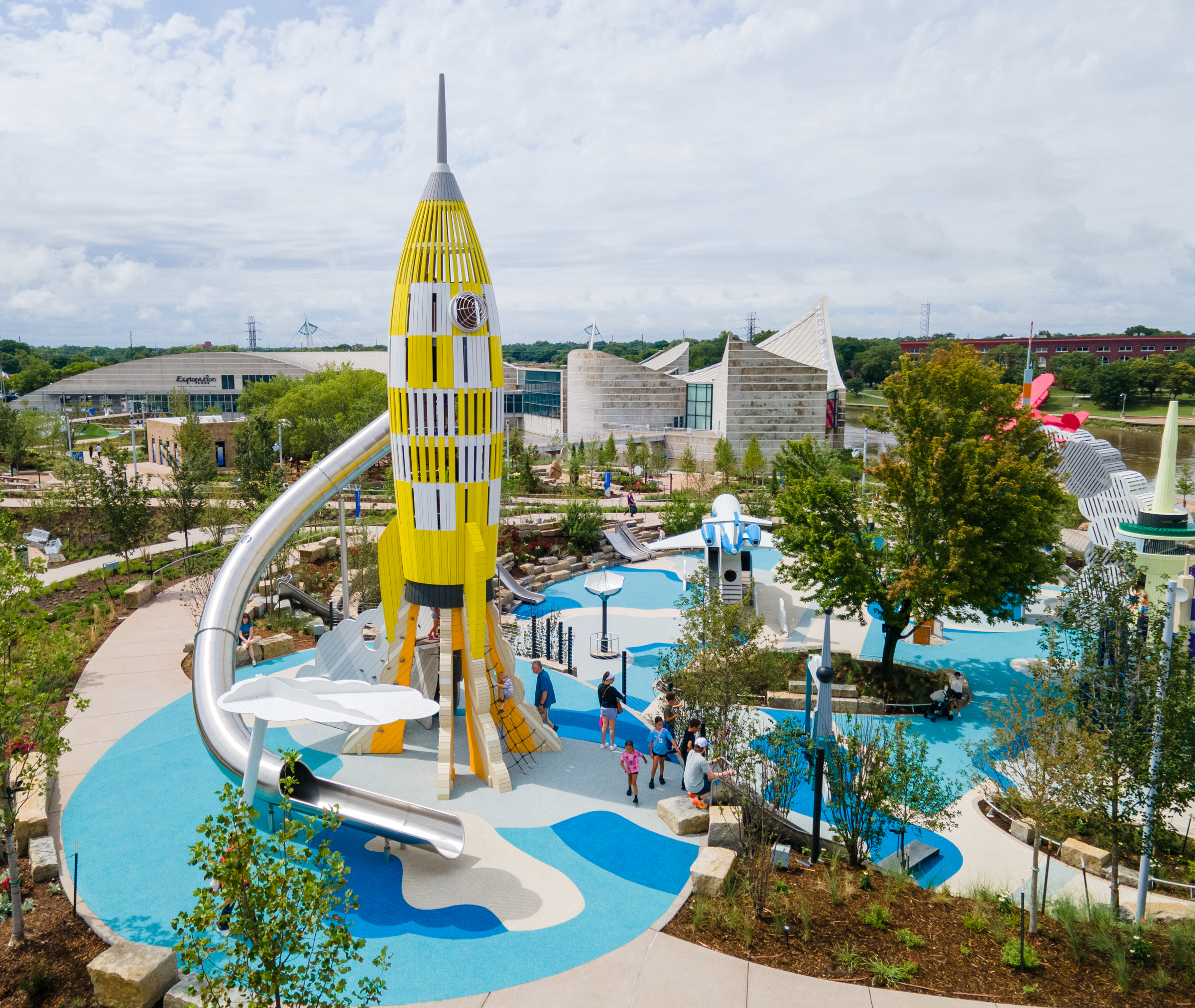 Huge wooden rocket at themed playground at science center