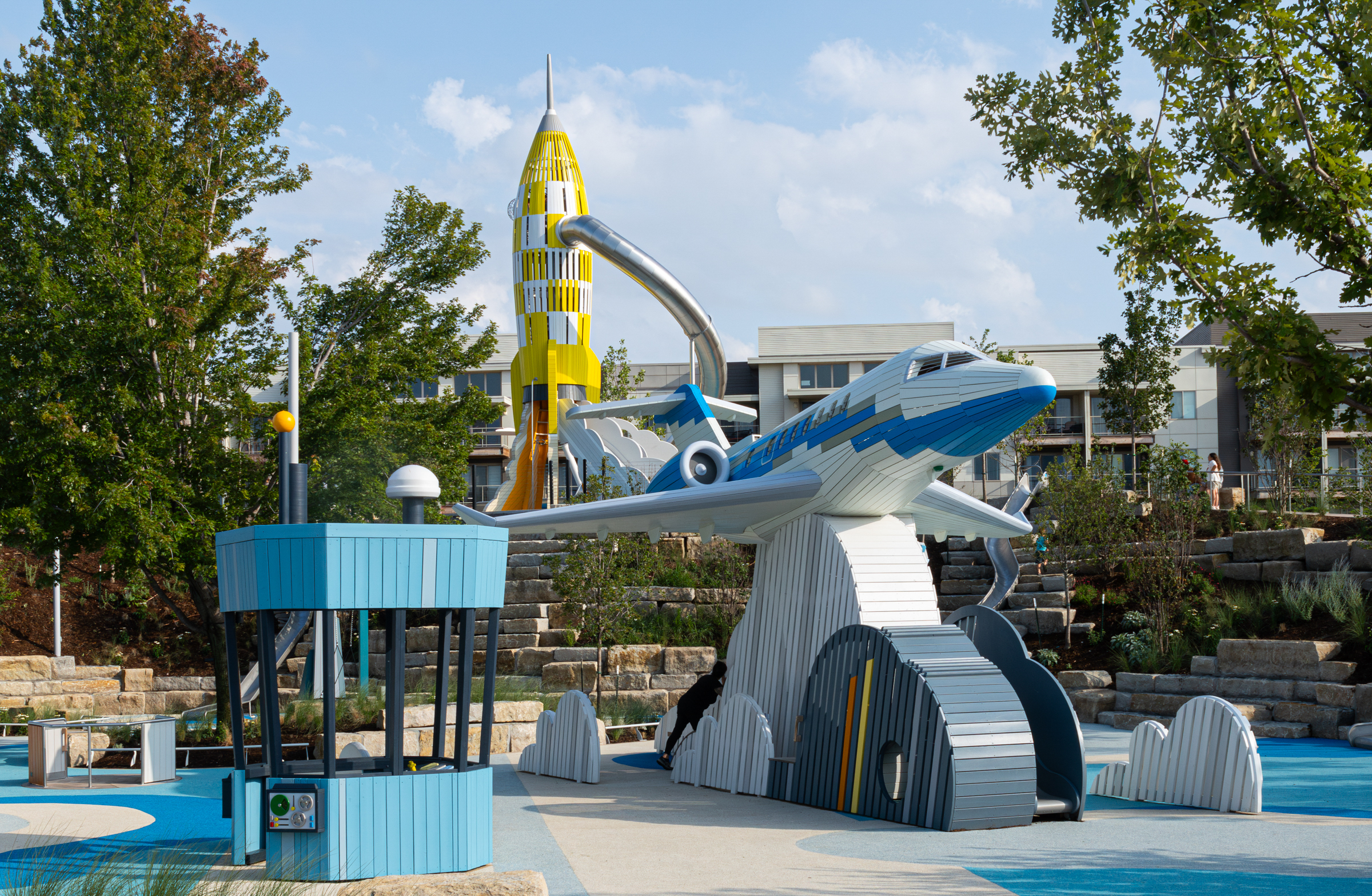 Radio control tower and airplane and rocket at themed playground