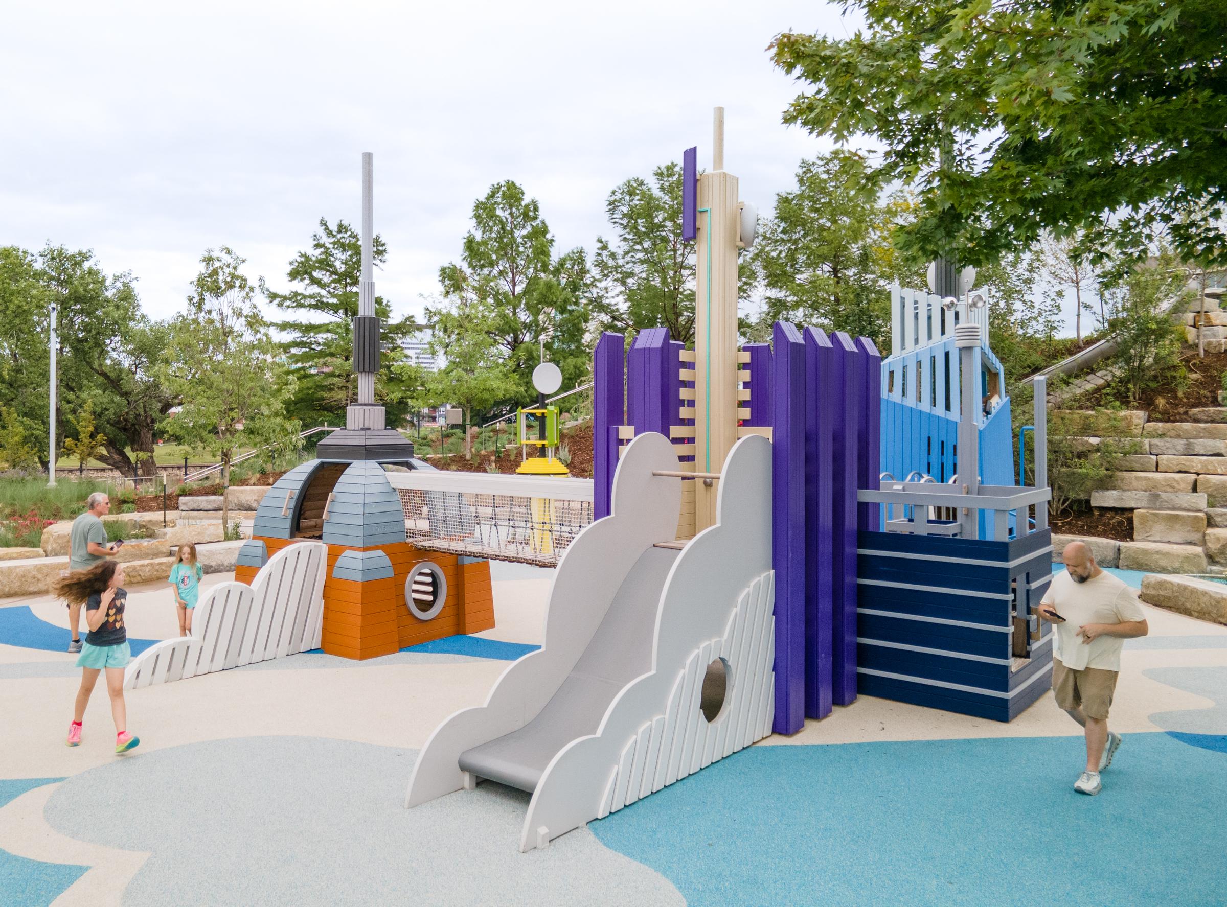 Vibrant futuristic town themed playground in wood