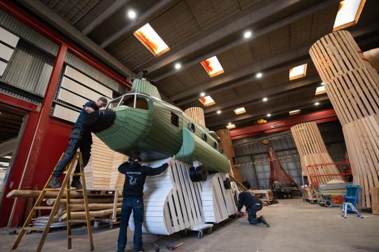 Wooden playground helicopter in production