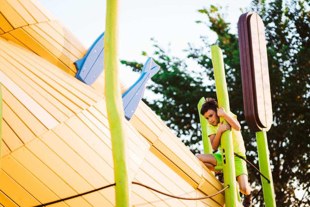 Boy climbing by wooden pelican playground structure